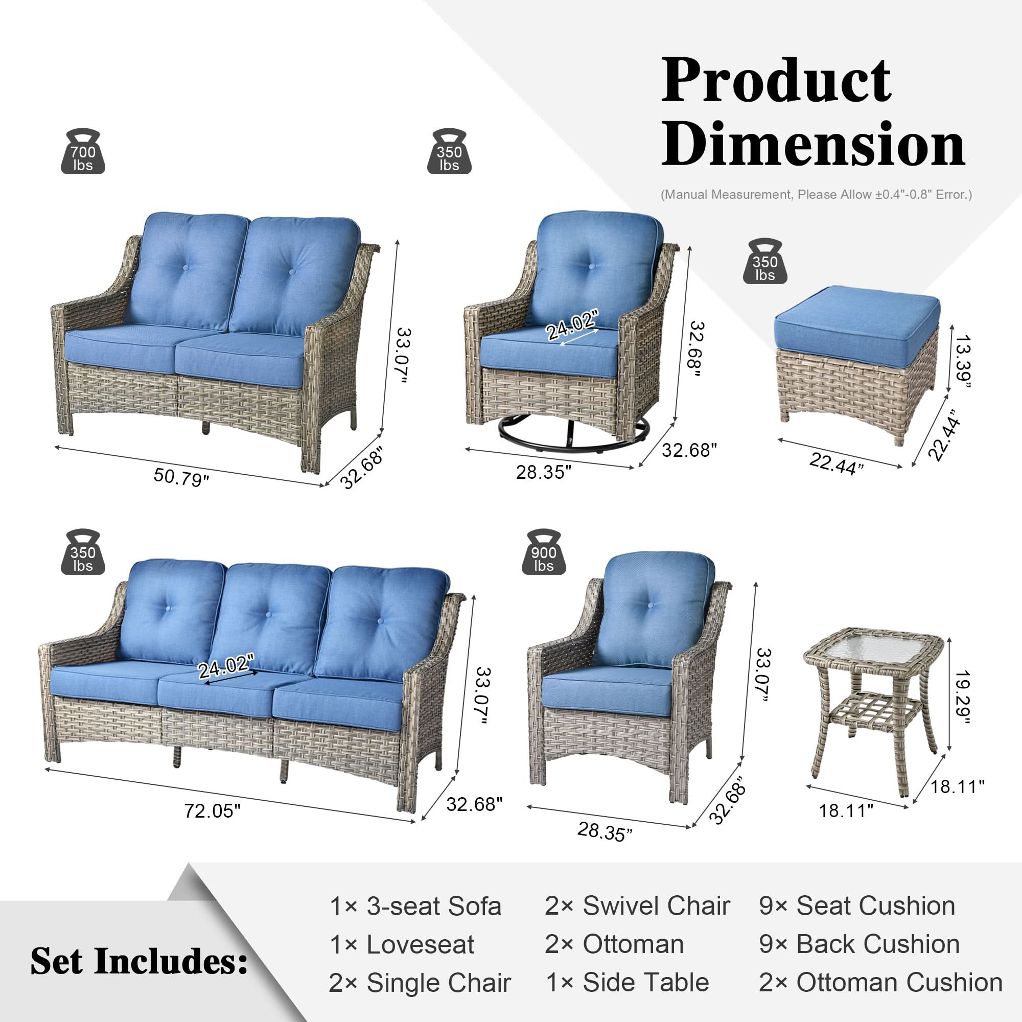 Outdoor 9 Pieces Coversation Set with Swivel Rocking Chair