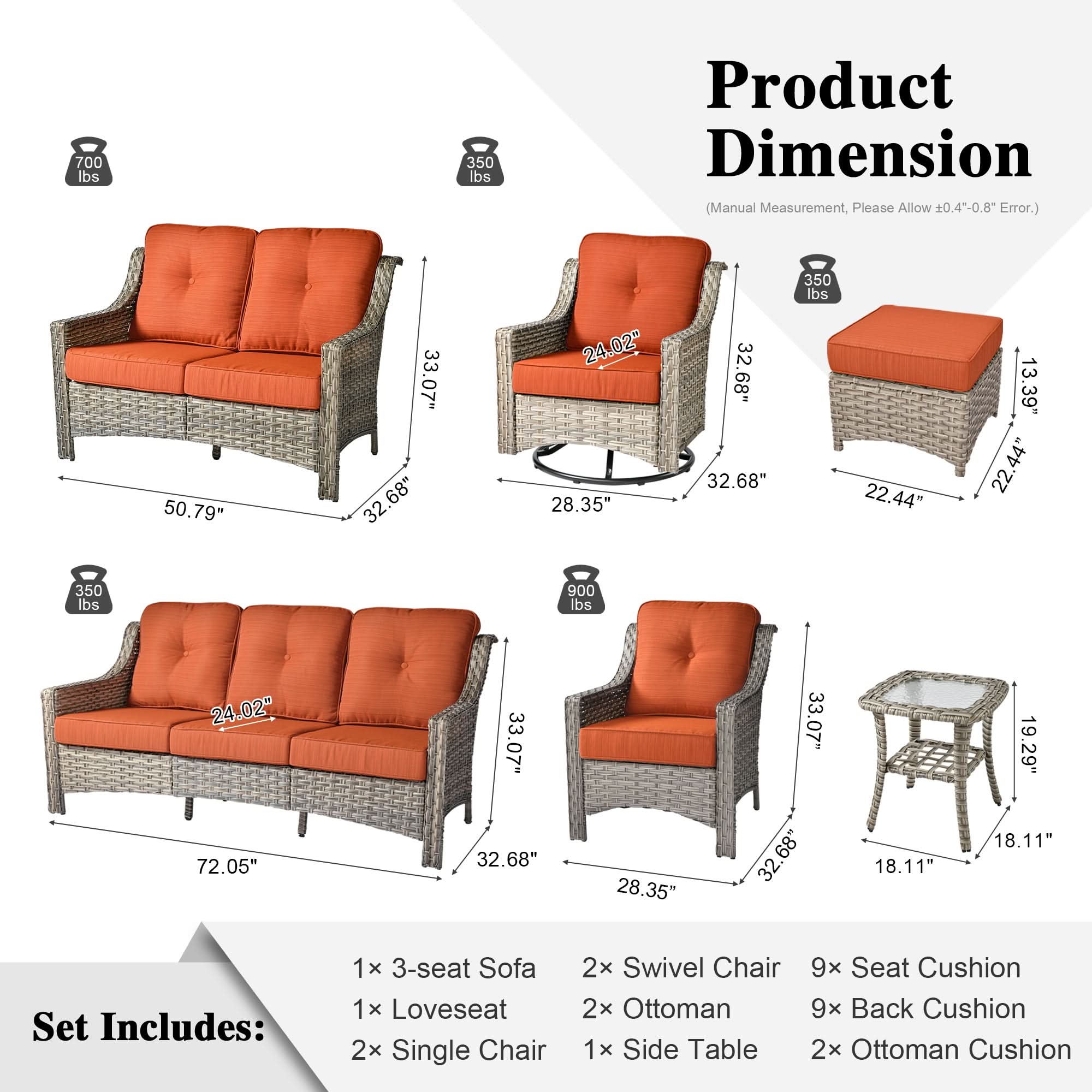 Outdoor 9 Pieces Coversation Set with Swivel Rocking Chair