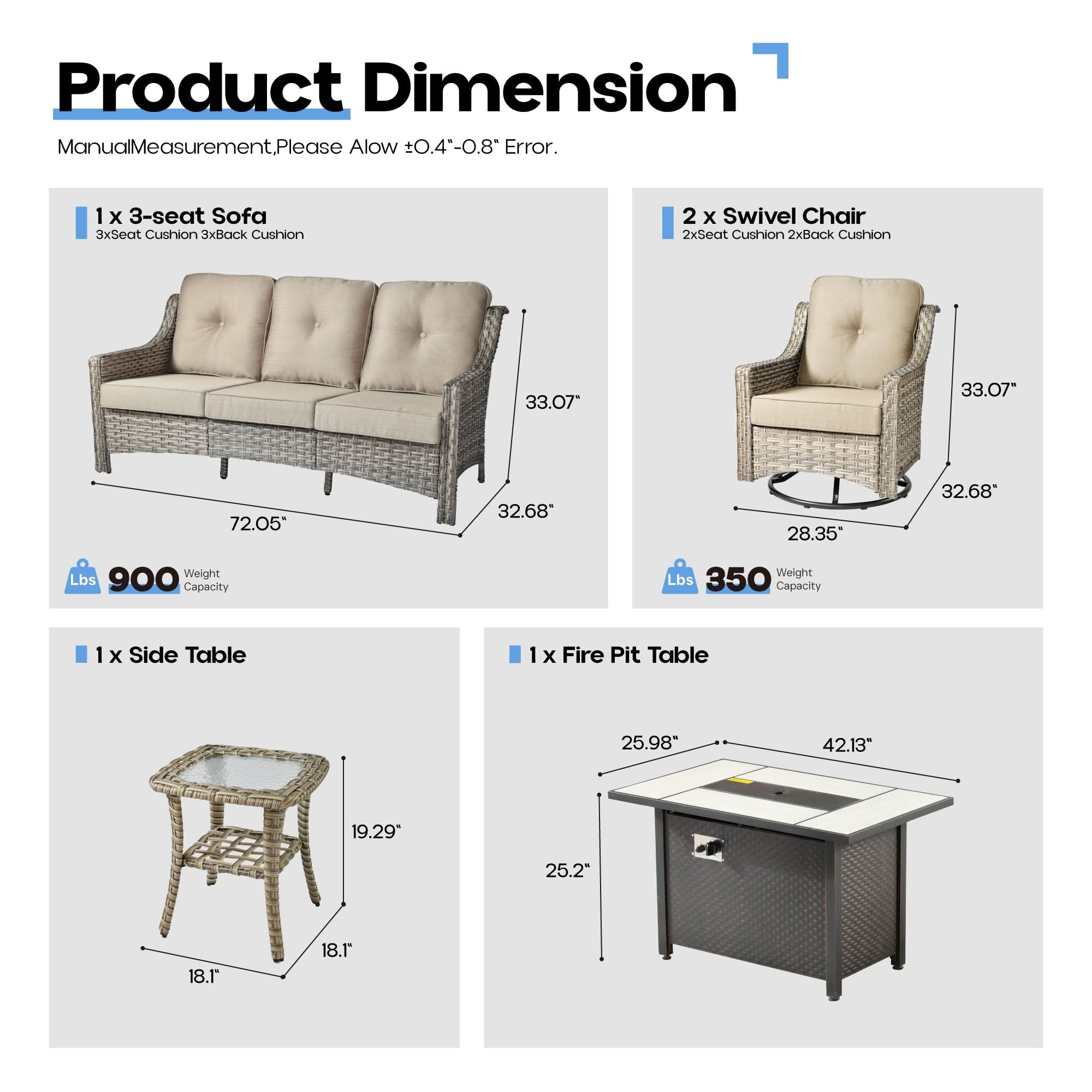 Ovios Outdoor 5 Pieces Coversation Set with 42" Fire Pit Table