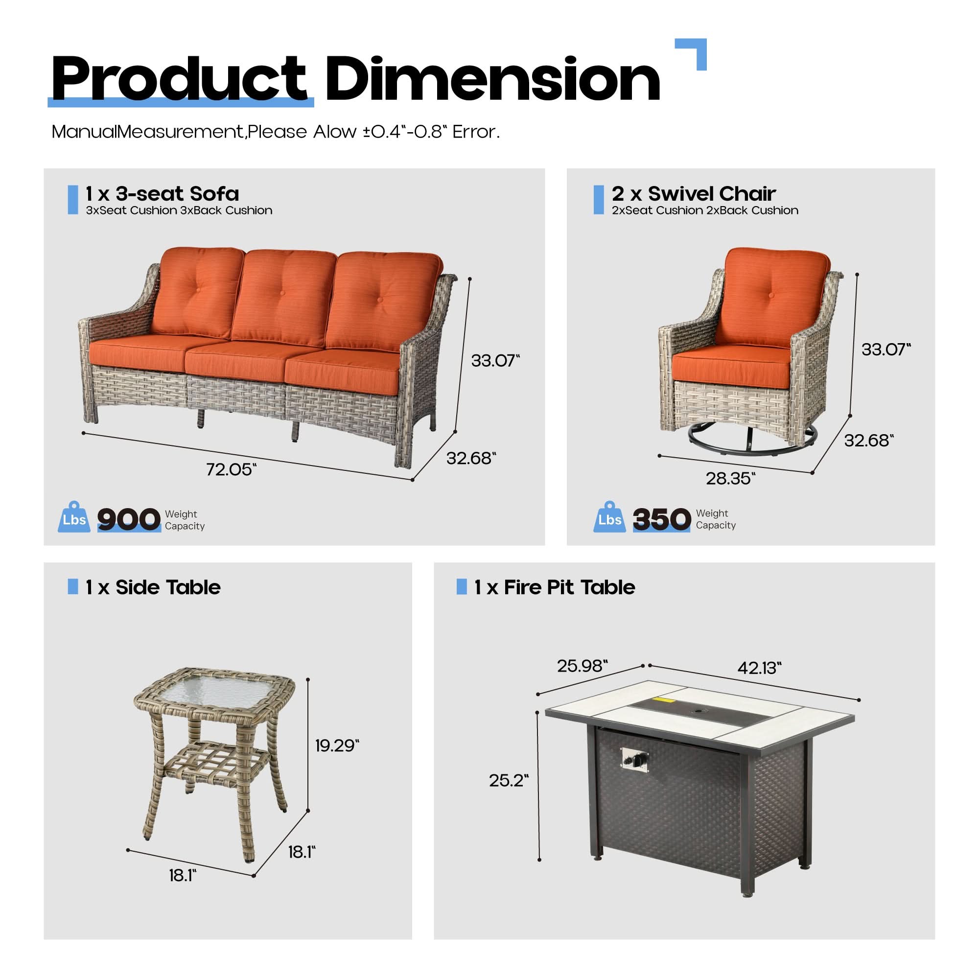 Ovios Outdoor 5 Pieces Coversation Set with 42" Fire Pit Table