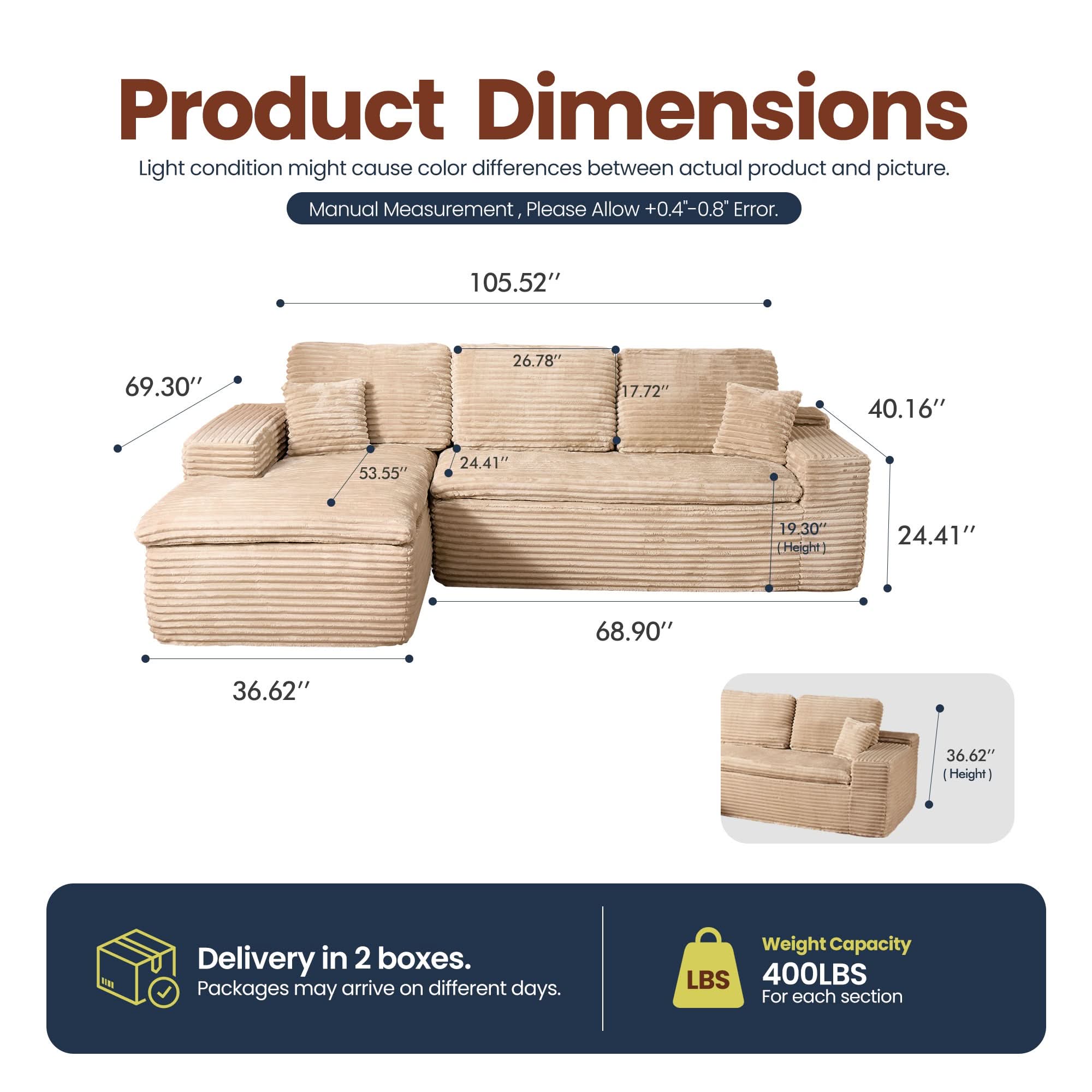 OVIOS 105" Modular Sectional Sofa with Chaise,Deep Seat Cloud Couch, Modern L-Shape