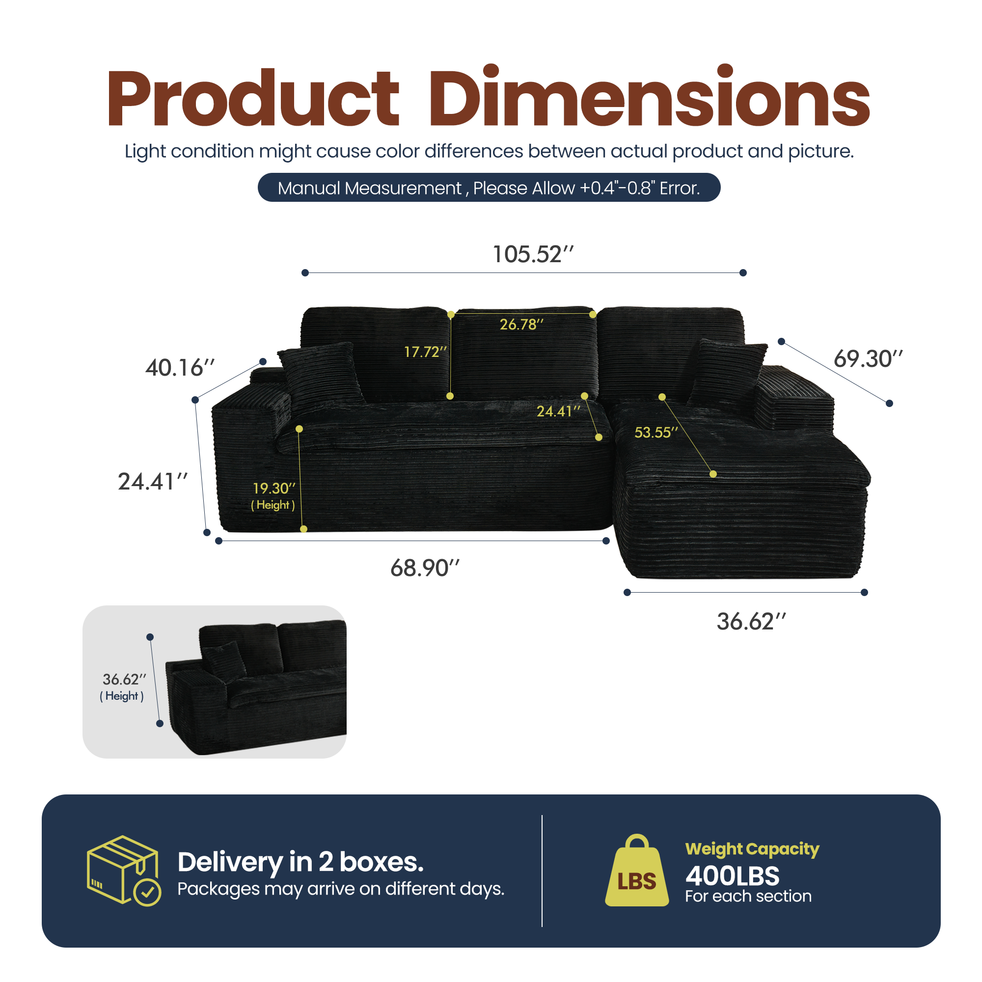 OVIOS 105" Modular Sectional Sofa with Chaise,Deep Seat Cloud Couch, Modern L-Shape