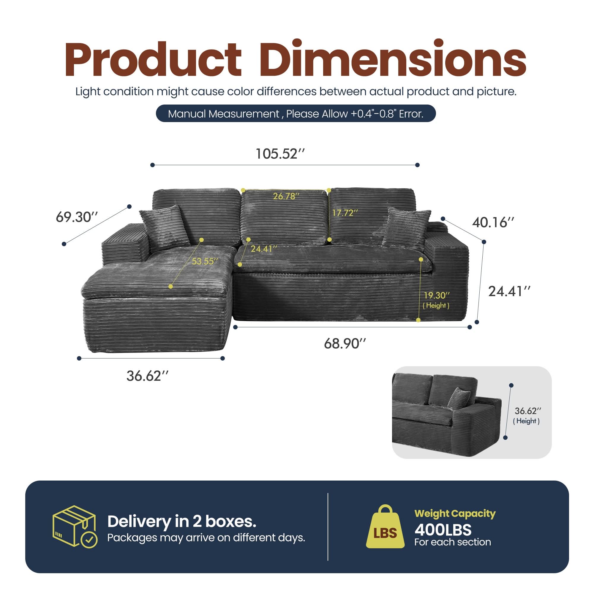 OVIOS 105" Modular Sectional Sofa with Chaise,Deep Seat Cloud Couch, Modern L-Shape