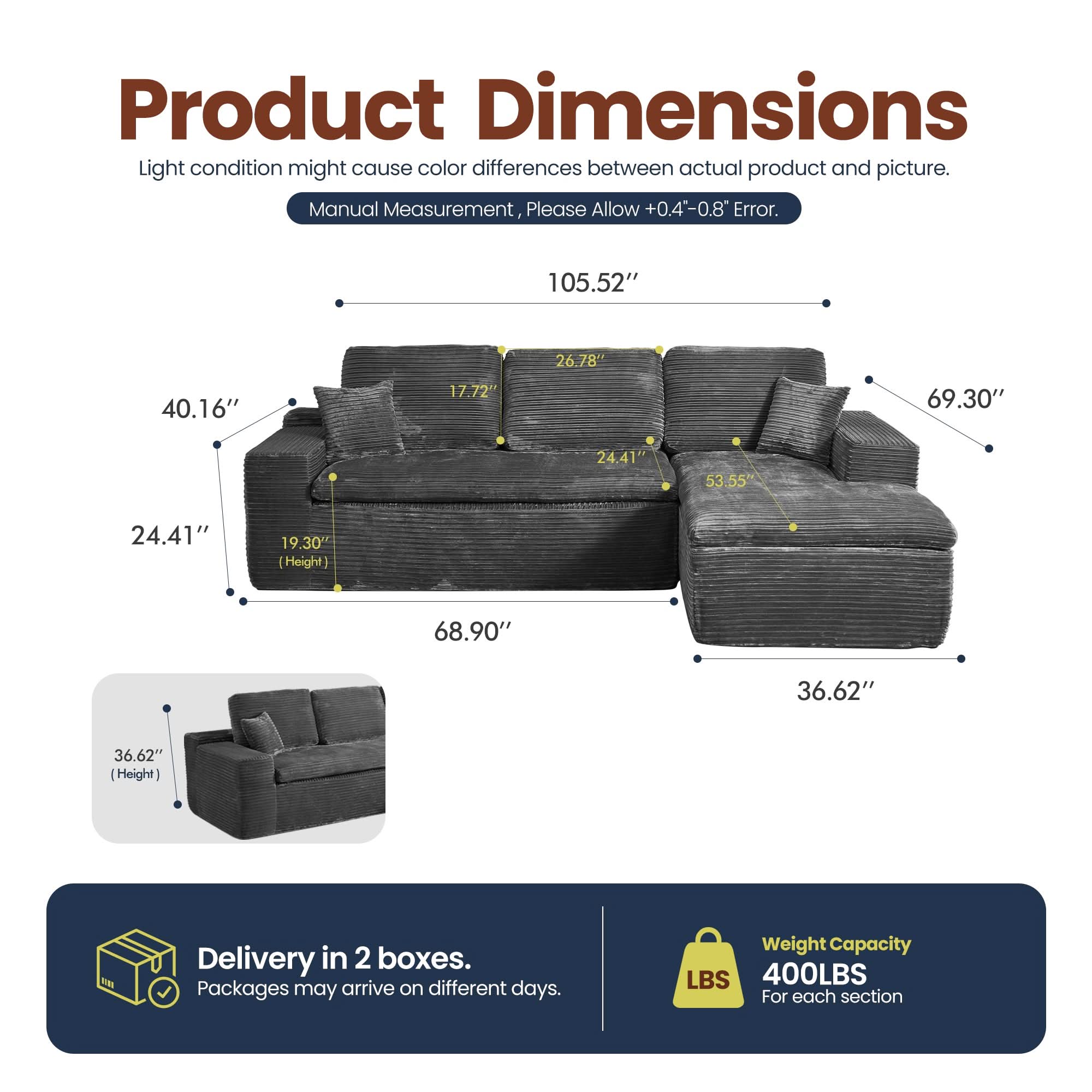 OVIOS 105" Modular Sectional Sofa with Chaise,Deep Seat Cloud Couch, Modern L-Shape