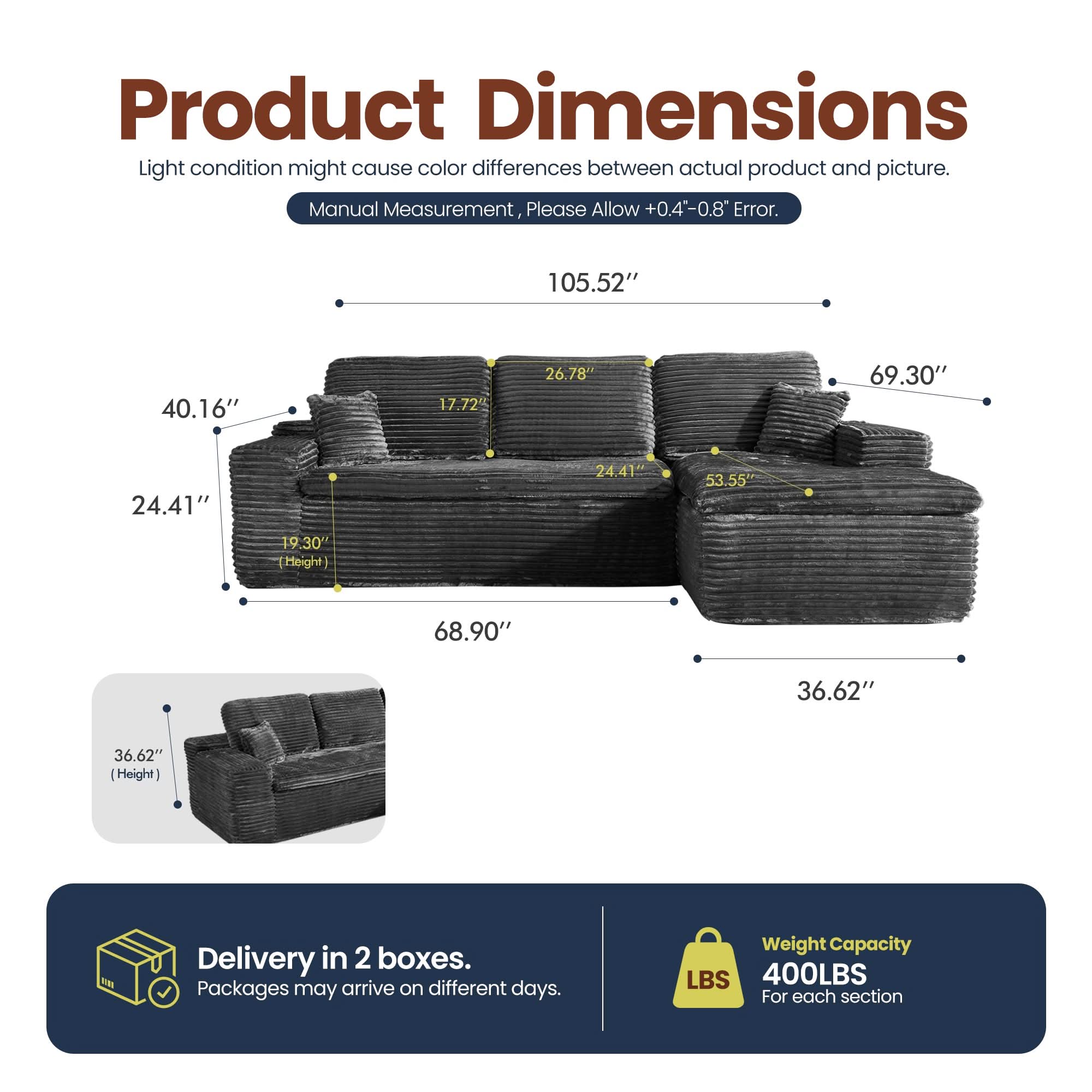 OVIOS 105" Modular Sectional Sofa with Chaise,Deep Seat Cloud Couch, Modern L-Shape