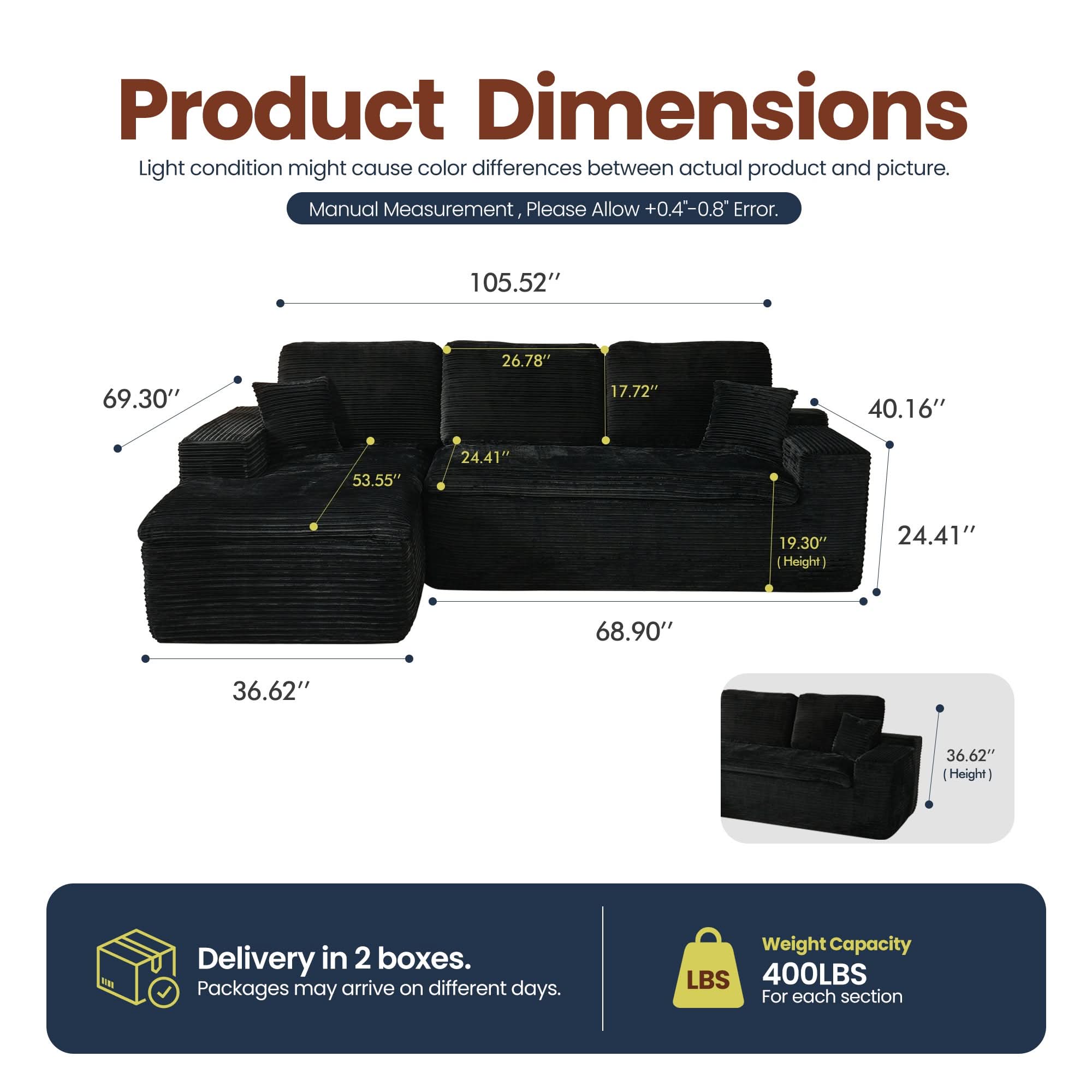 OVIOS 105" Modular Sectional Sofa with Chaise,Deep Seat Cloud Couch, Modern L-Shape
