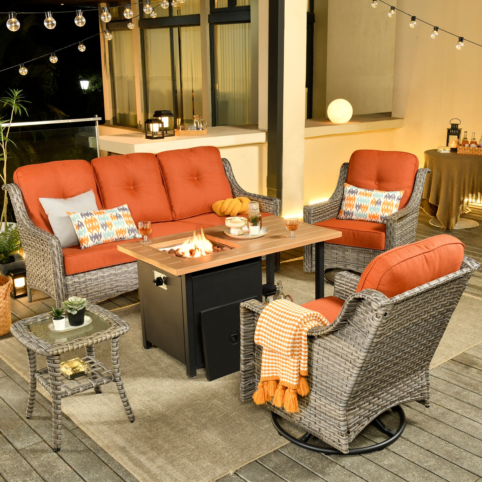 Ovios Conversation Set 5-Piece PAD Series include Rocking Chair & 47"Fire Pit Table
