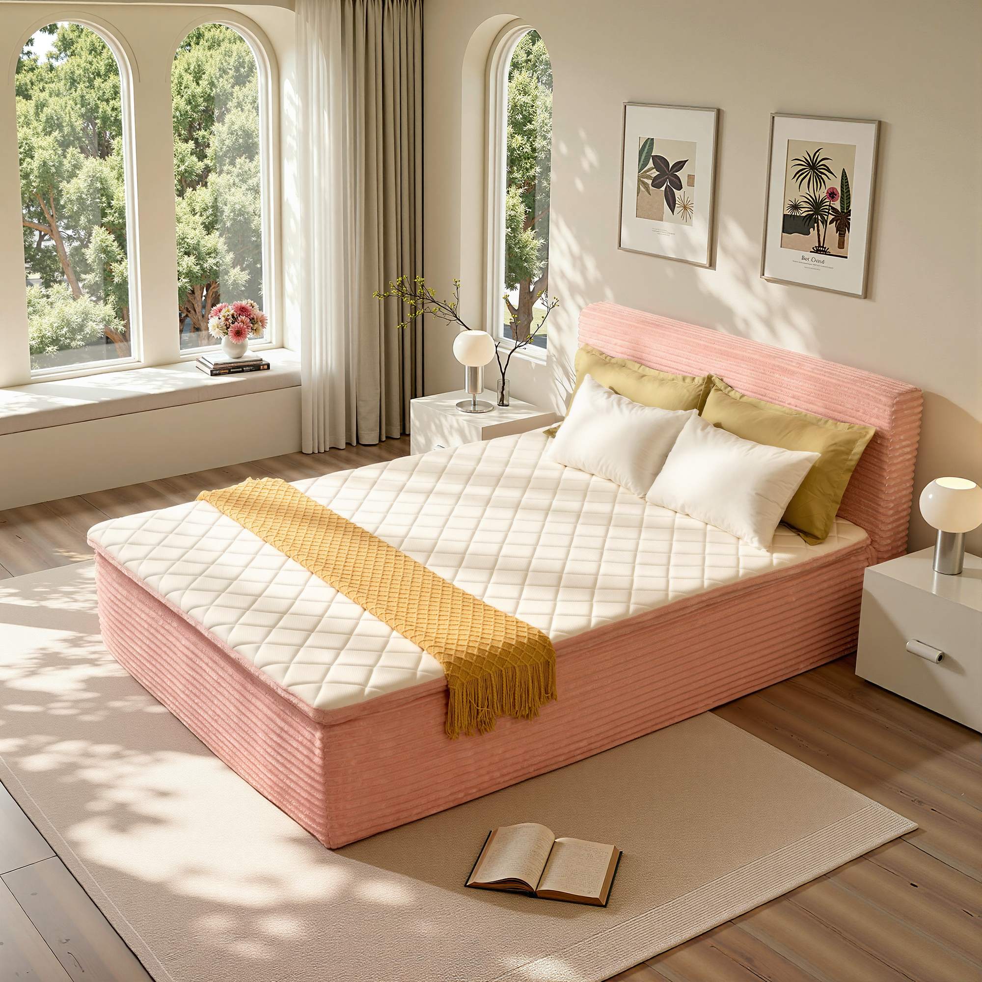 OVIOS Upholstered Bed, No Assembly & Space-Saving for Small Spaces