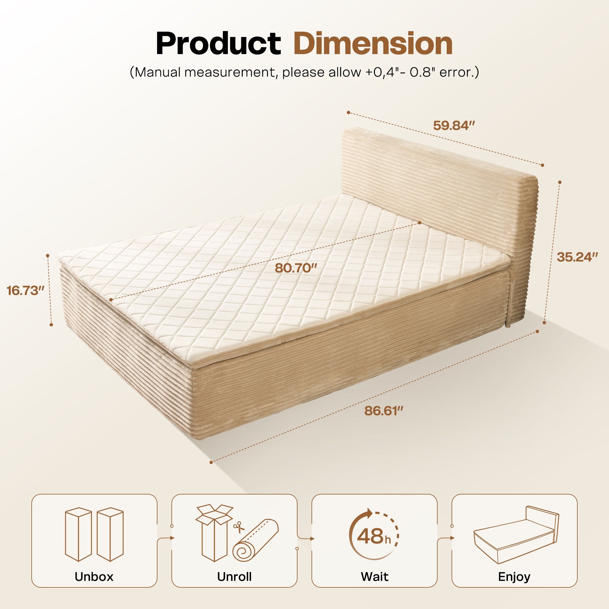 Beige OVIOS compressed bed dimensions and 4-step setup: unbox, unroll, wait, enjoy for small spaces.