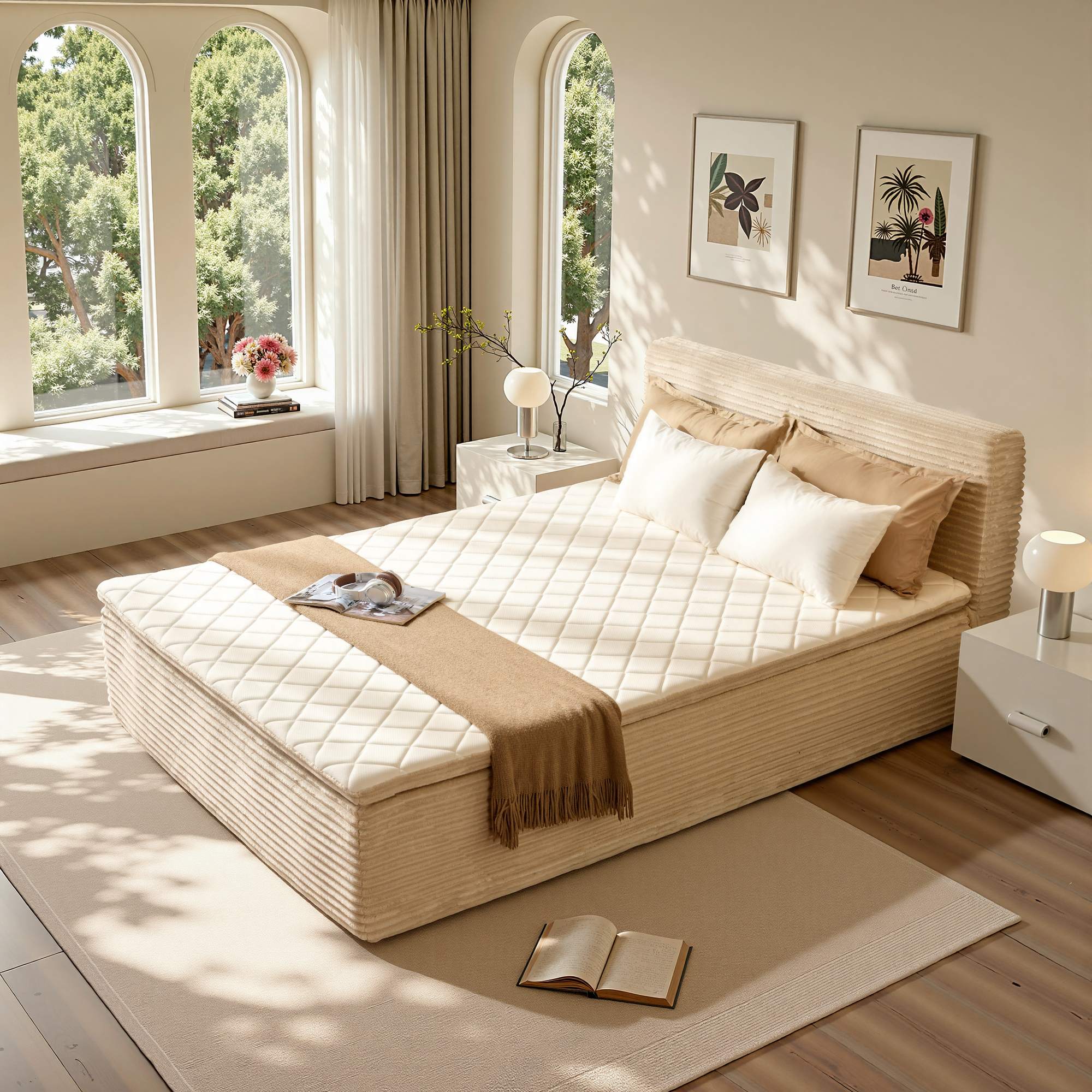 OVIOS beige compressed bed with corduroy texture, space-saving design.