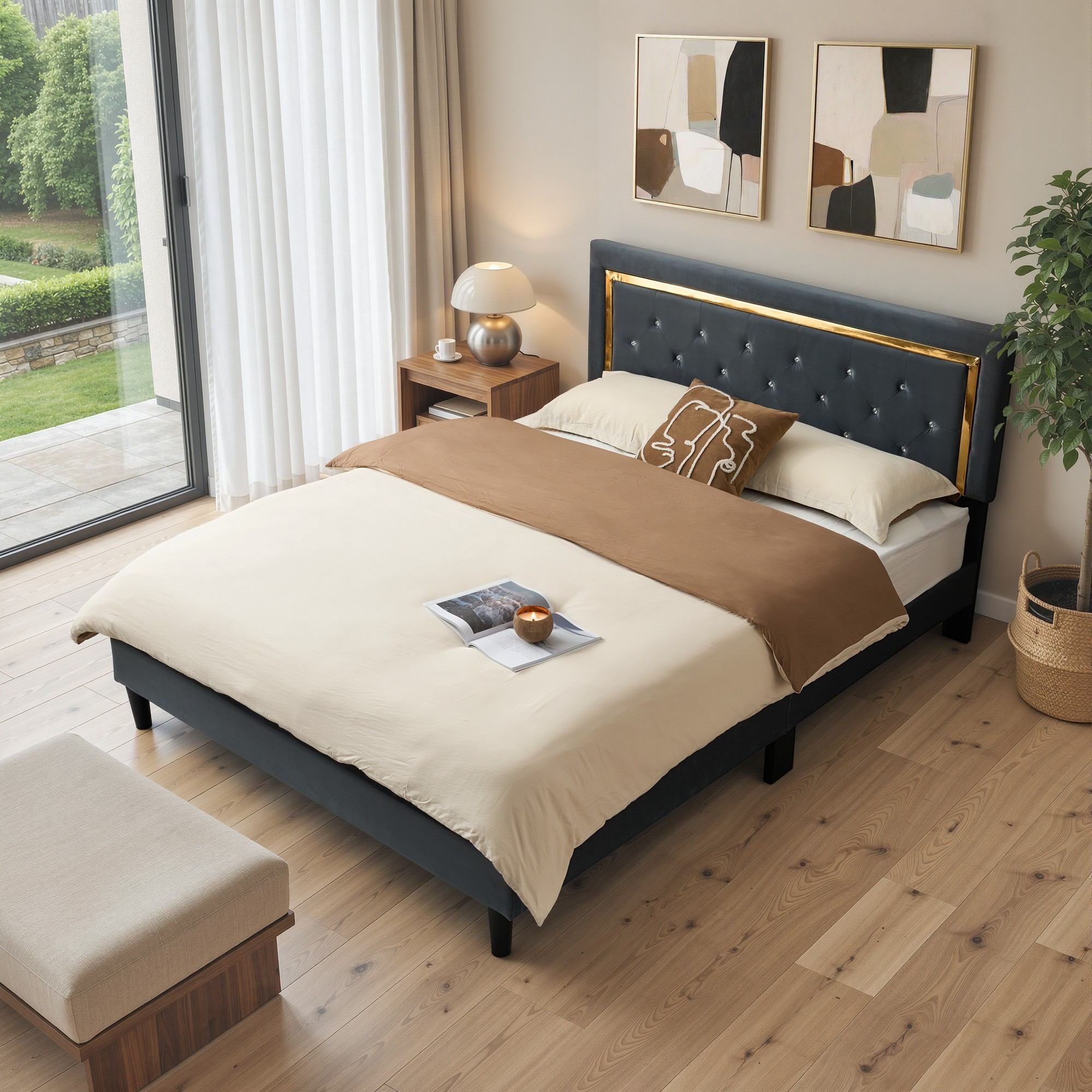 OVIOS Modern Upholstered Platform Bed Frame with Headboard No Box Spring Needed Easy Assembly Noise Free