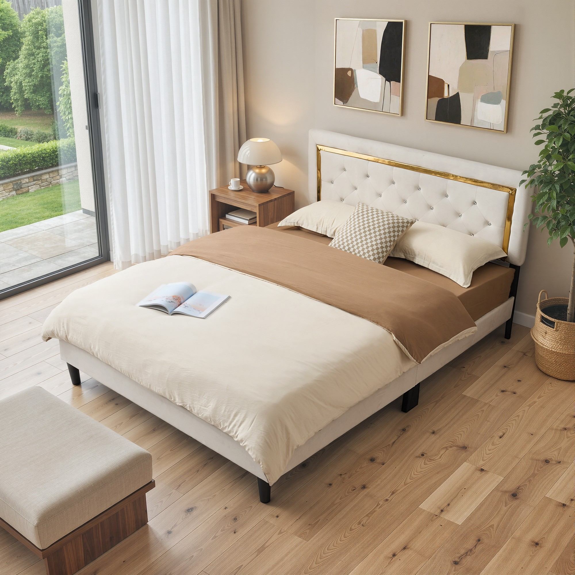 OVIOS Modern Upholstered Platform Bed Frame with Headboard No Box Spring Needed Easy Assembly Noise Free