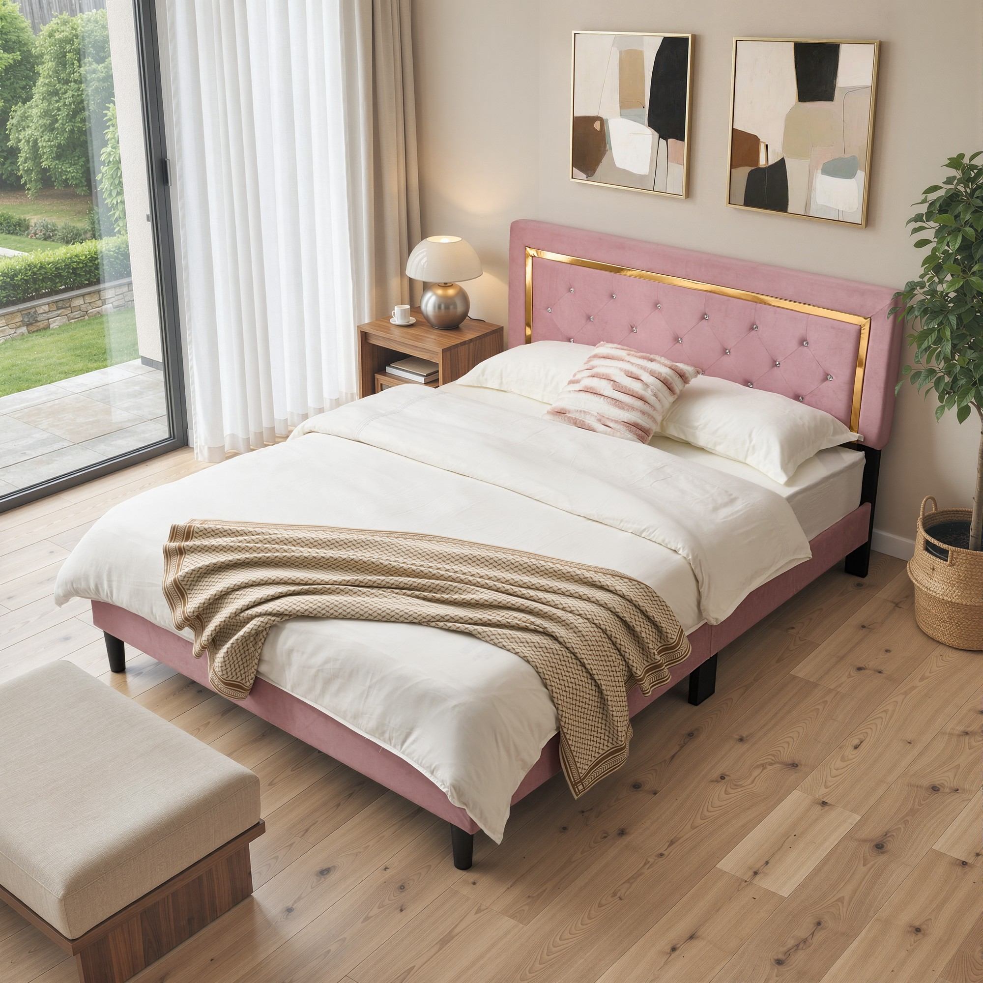 OVIOS Modern Upholstered Platform Bed Frame with Headboard No Box Spring Needed Easy Assembly Noise Free