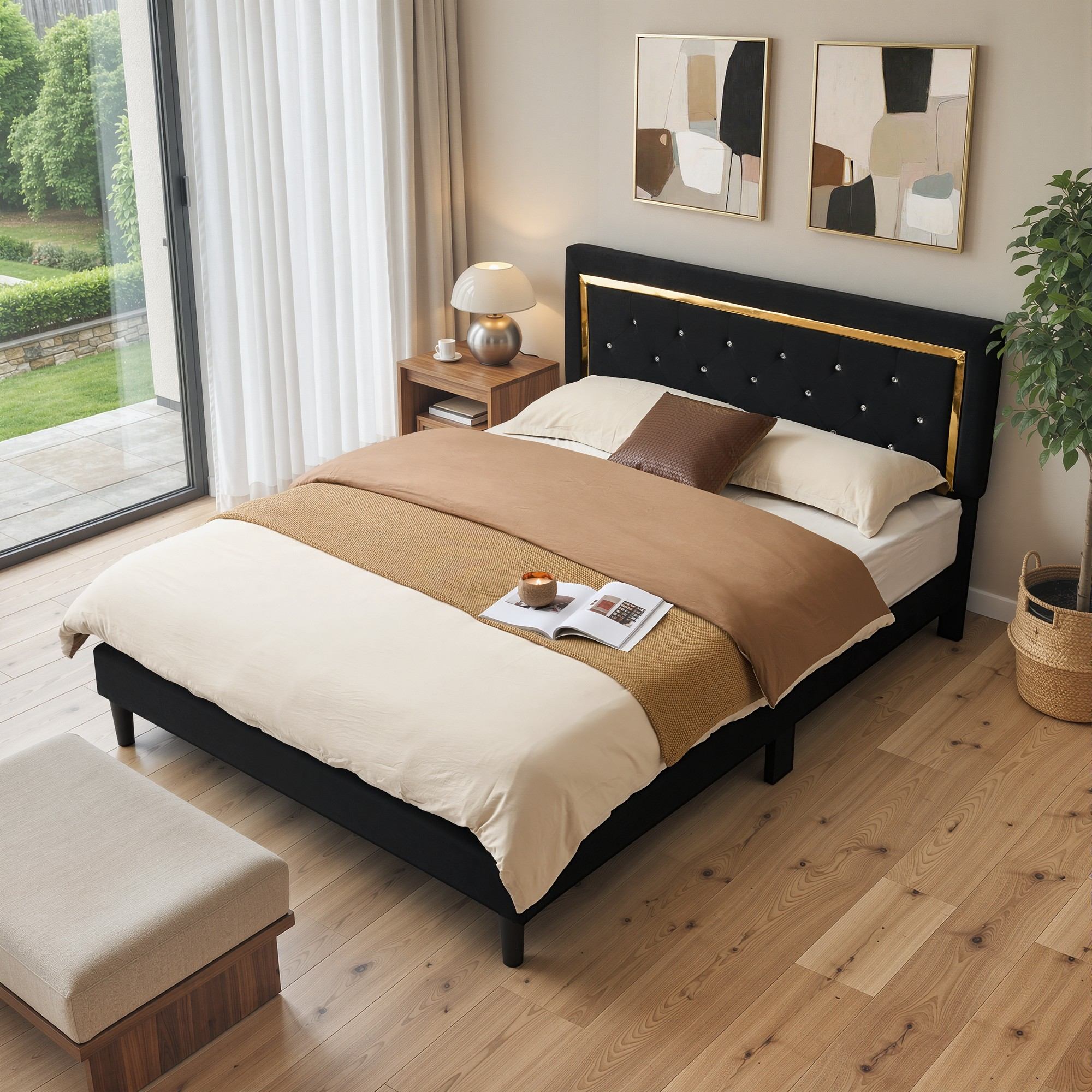 OVIOS Modern Upholstered Platform Bed Frame with Headboard No Box Spring Needed Easy Assembly Noise Free