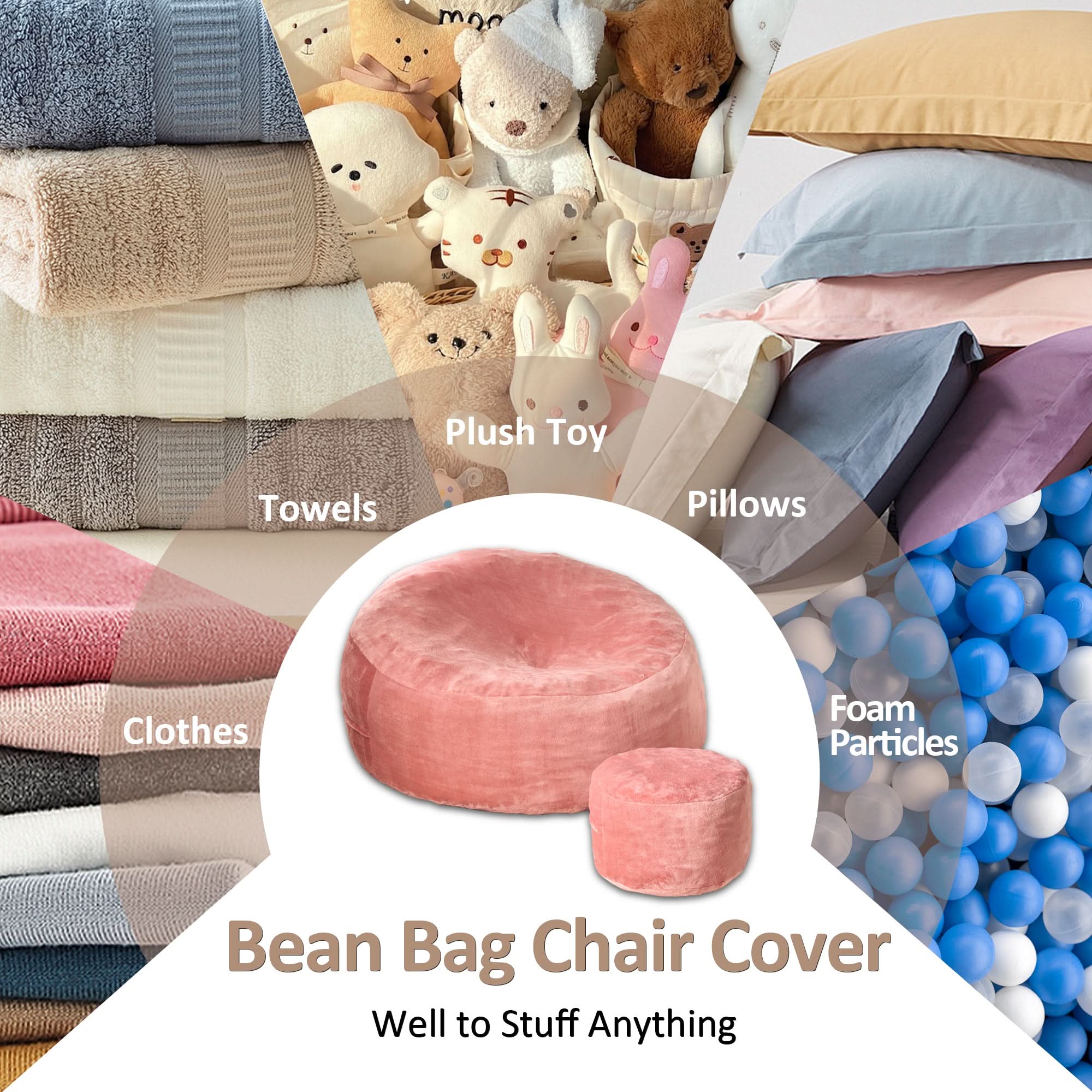 Pink OVIOS bean bag chair cover with ottoman and examples of possible fillings, showcasing versatile use and comfort.