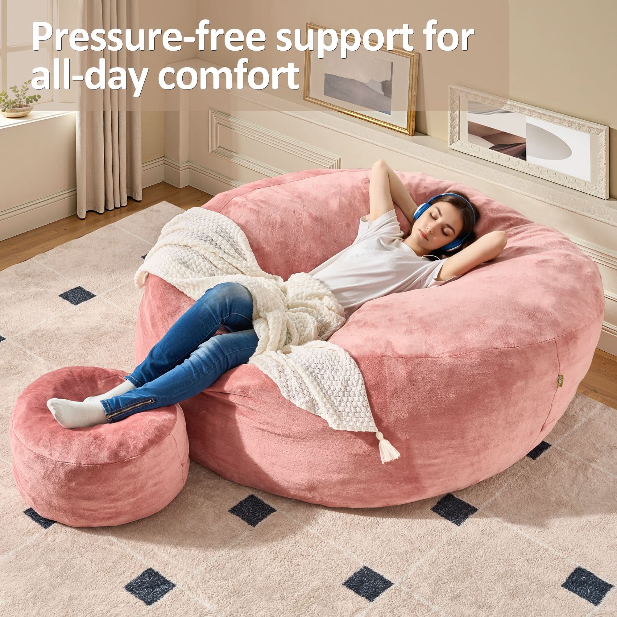 Pink Ovios bean bag chair set. Flannel fabric, pressure-free comfort for all-day relaxation in a cozy living room.