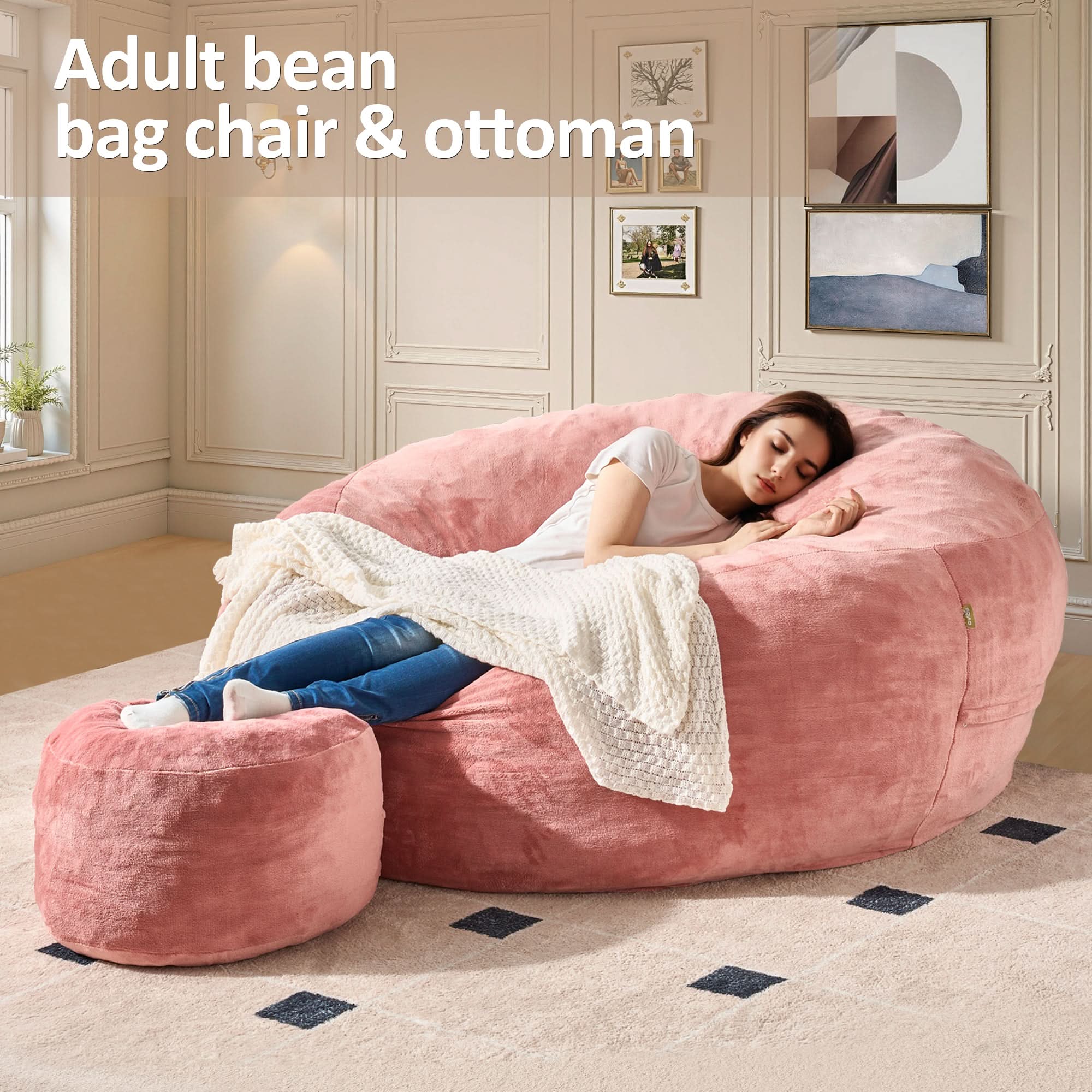 Pink Ovios bean bag chair with ottoman. Cozy living room furniture with high-rebound filling and a soft flannel cover.