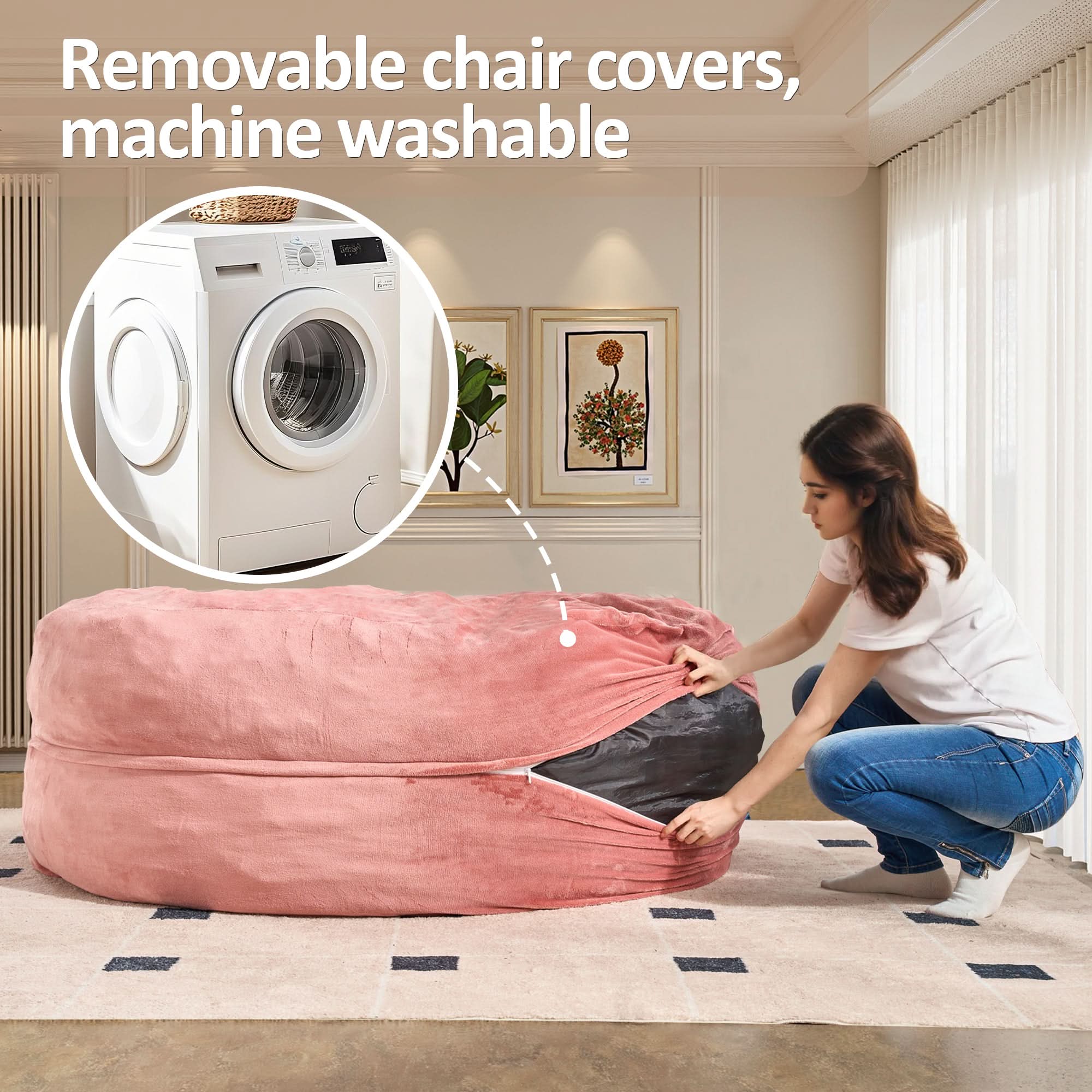 Ovios bean bag chair with removable pink flannel cover, machine washable for easy care and comfort.