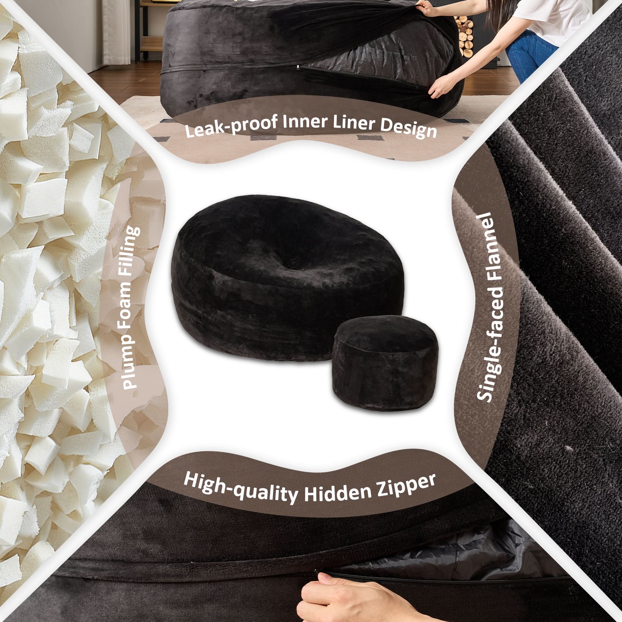 Ovios black bean bag chair with high-rebound filling, flannel cover, and hidden zipper for living room and bedroom
