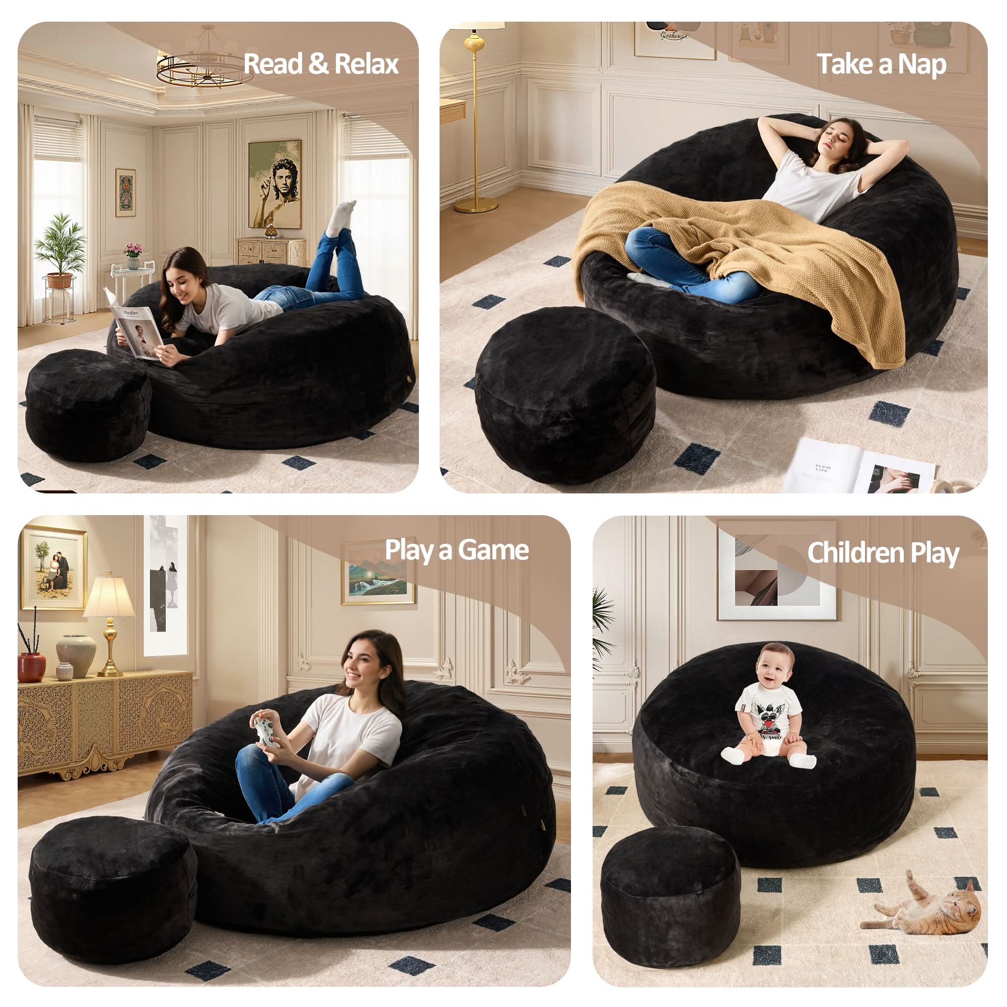 Ovios black bean bag chair and ottoman set, perfect for relaxing, reading, playing, and napping in a cozy living room.