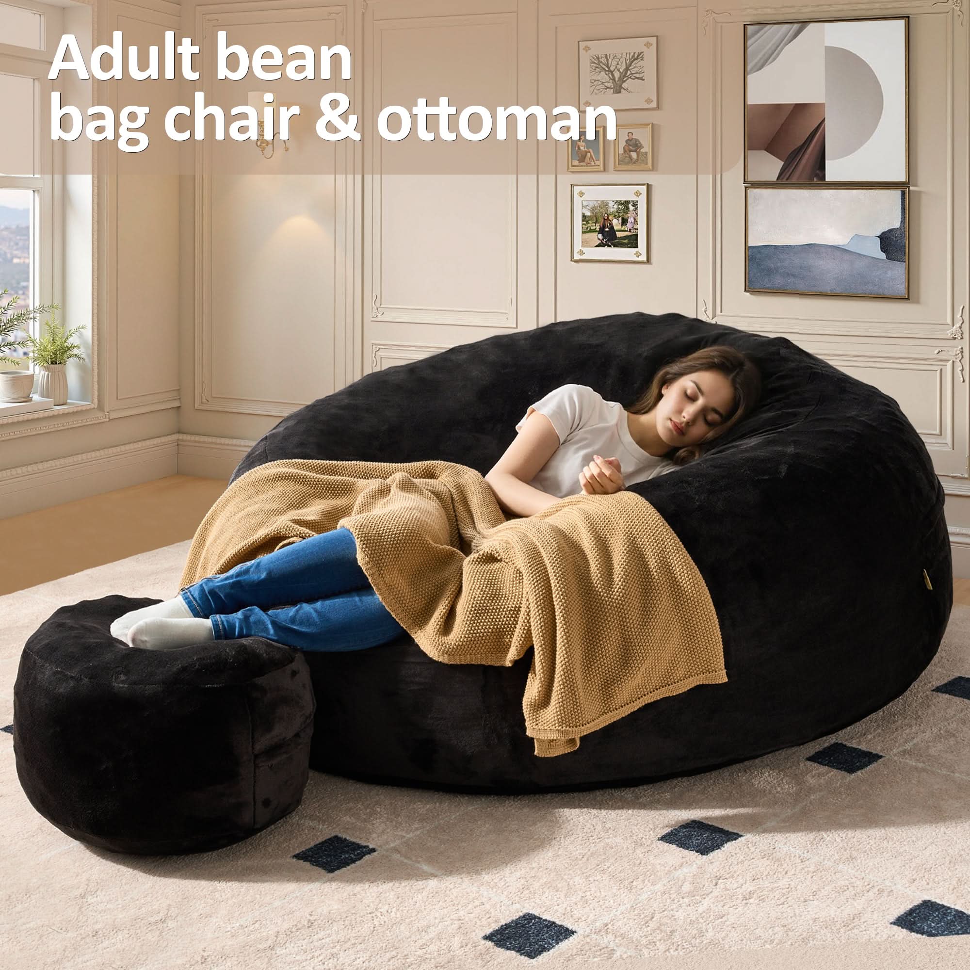 Black Ovios bean bag chair & ottoman, woman relaxing. High-rebound foam, cozy flannel cover living room furniture