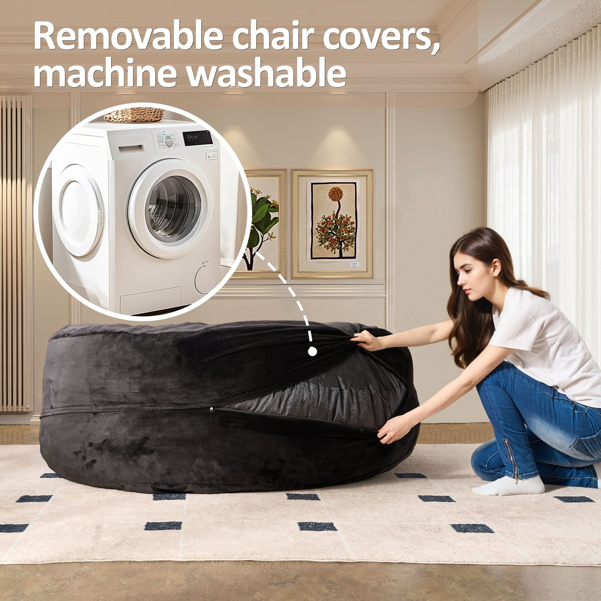 Ovios bean bag chair with removable, machine washable cover, easy to clean for living room and bedroom.