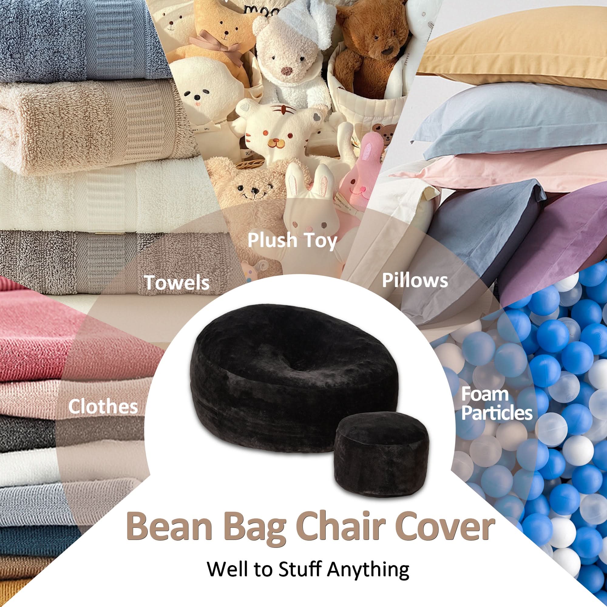 Black bean bag chair cover and ottoman. Versatile design for living room, bedroom. Fill with memory foam for comfort.