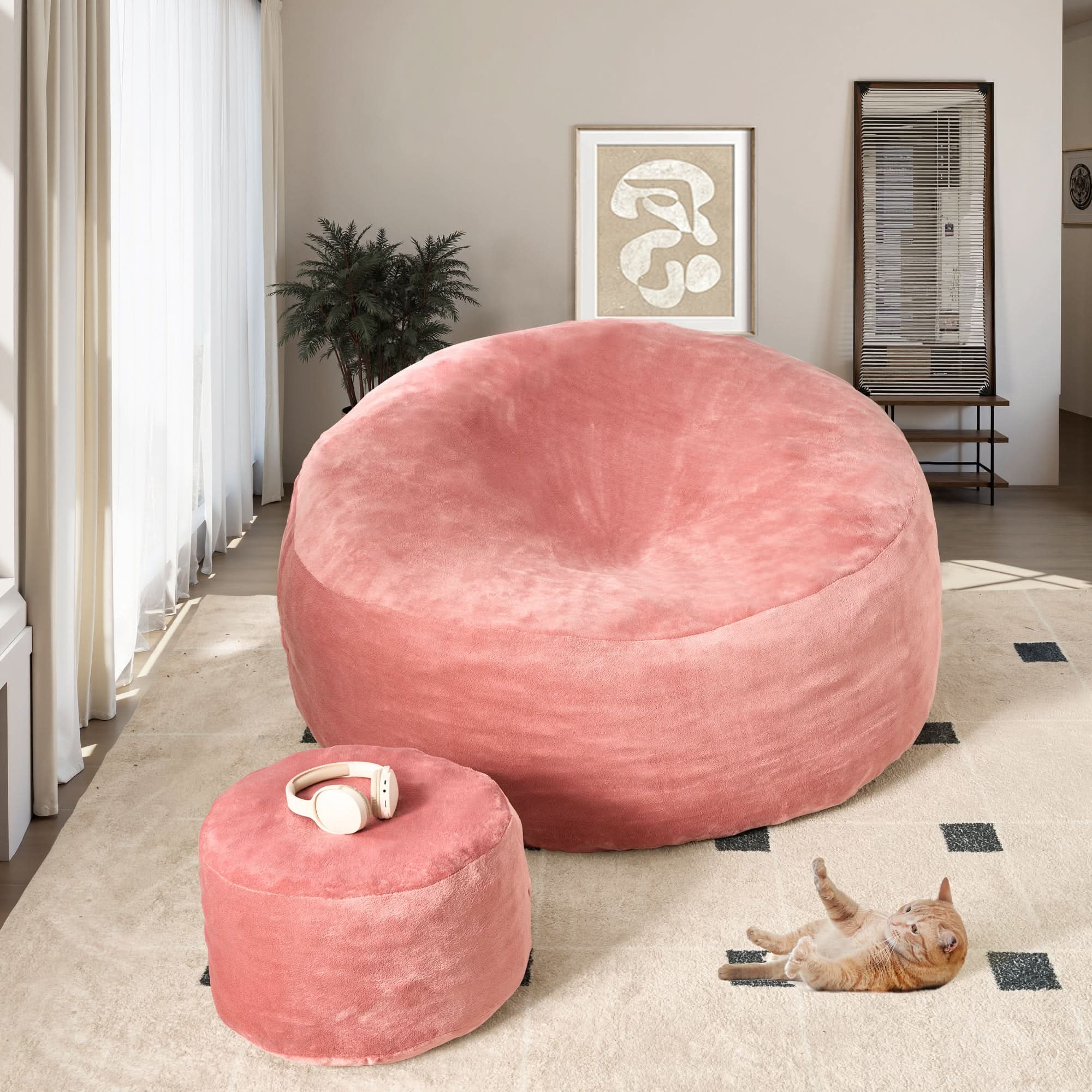 Pink Ovios bean bag chair and ottoman set, ideal for cozy living rooms. Flannel cover, high-rebound filling, and a cat.