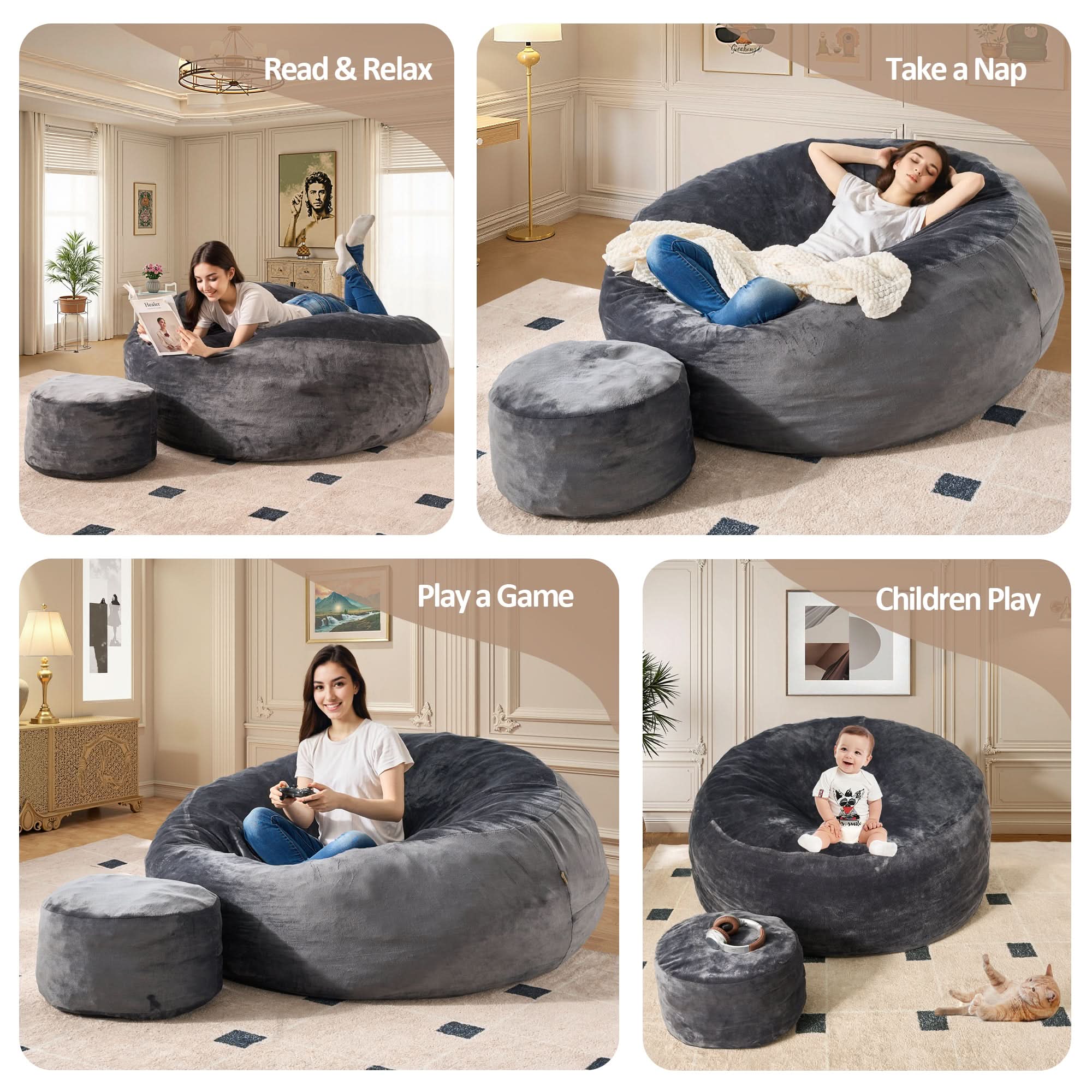 Gray Ovios bean bag chair set for living room. Read & relax, nap, and play. High-rebound foam, flannel cover.