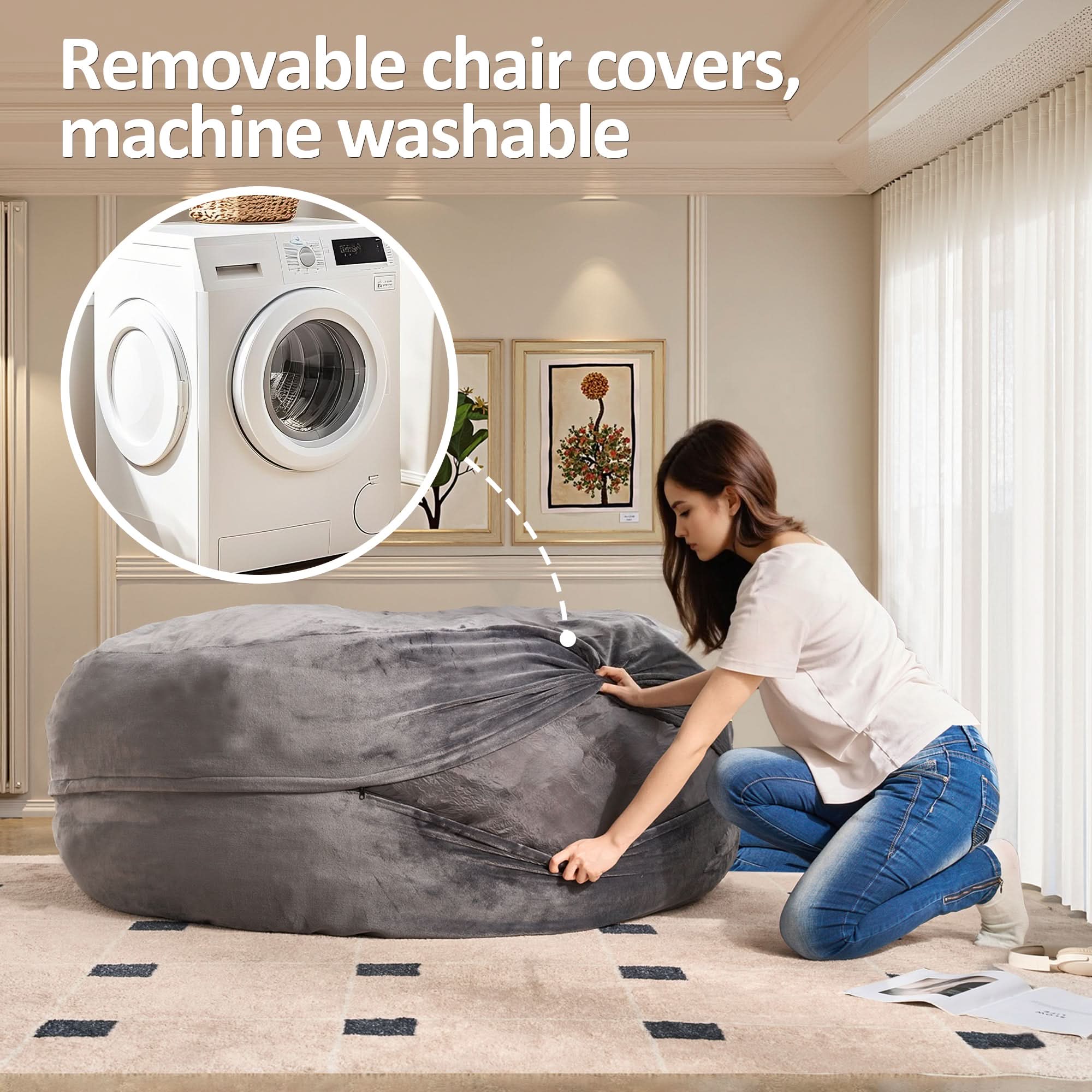 Ovios gray bean bag chair with removable, machine washable cover, for easy care in living room