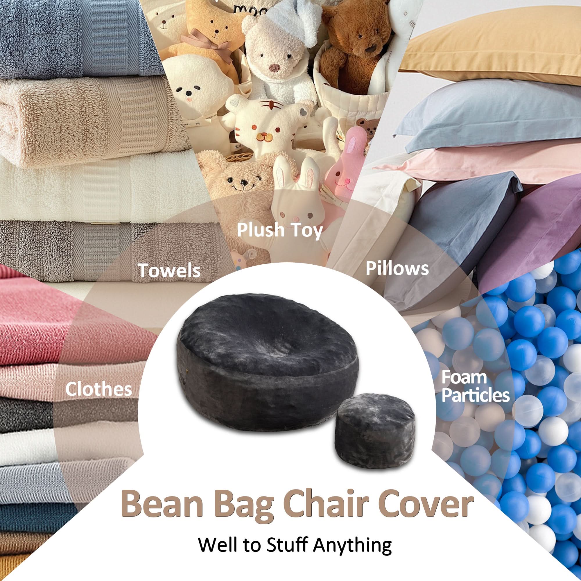 Black bean bag chair and ottoman set, perfect for a cozy living room. Flannel cover, high-rebound foam filling.