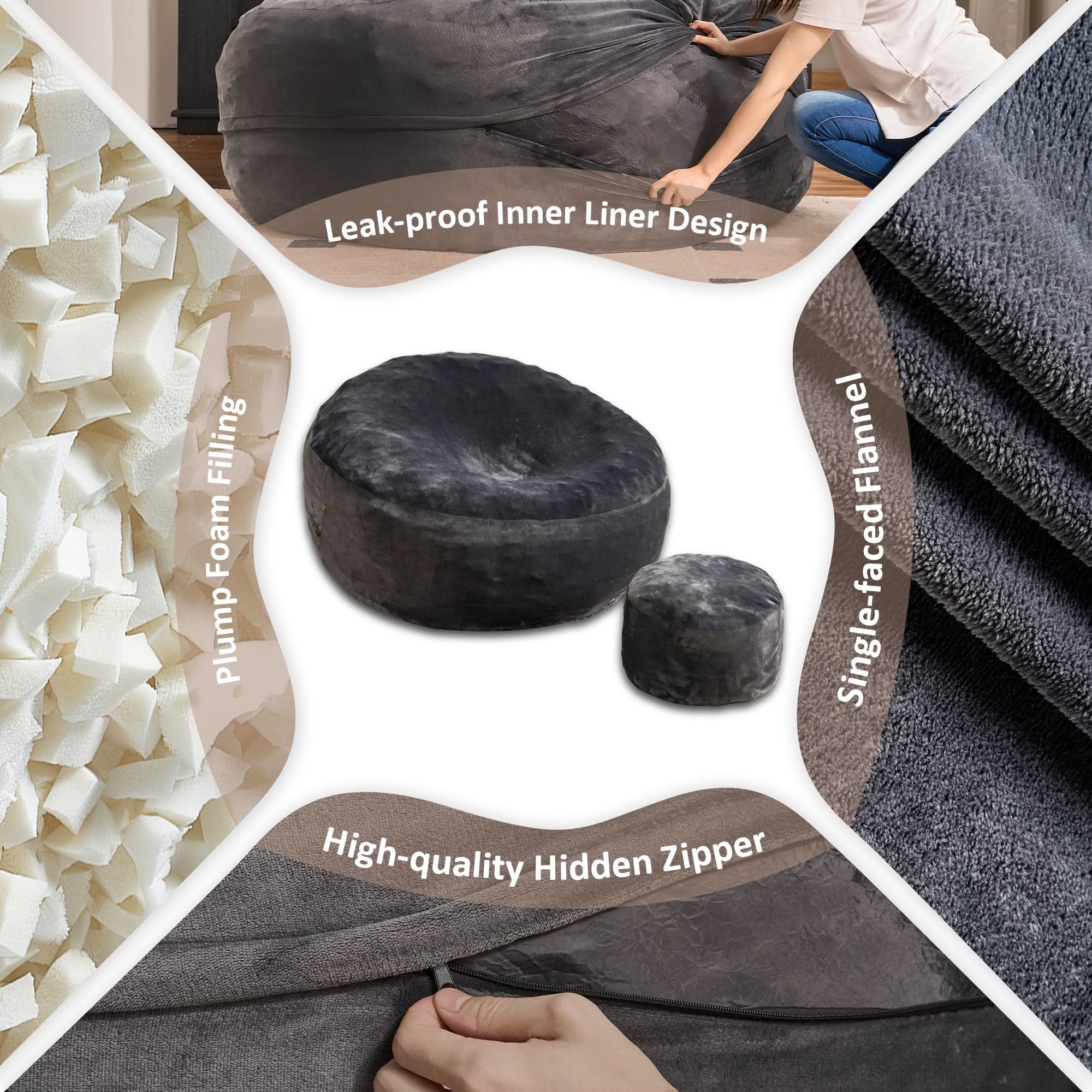Ovios gray bean bag chair: features flannel cover, foam filling, leak-proof liner, and hidden zipper