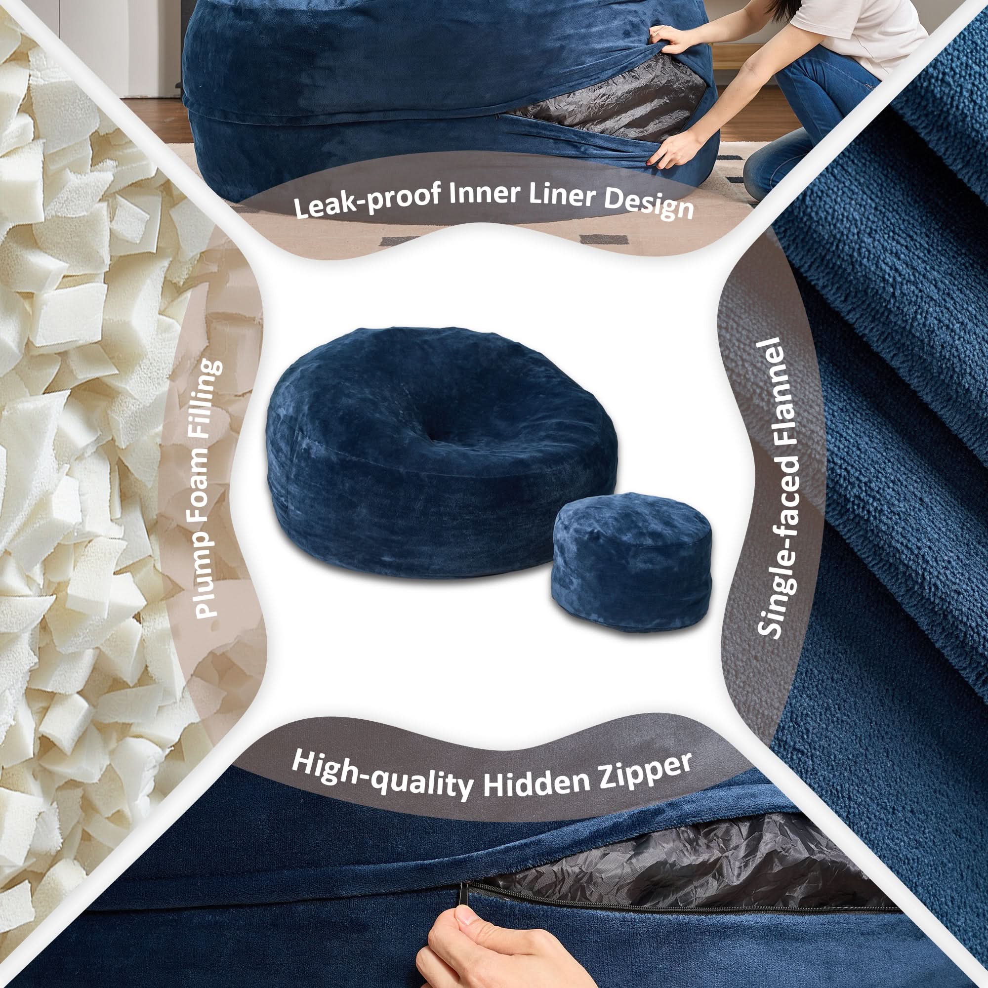 Ovios blue bean bag chair set with flannel cover, high-rebound foam, leak-proof design for living room.