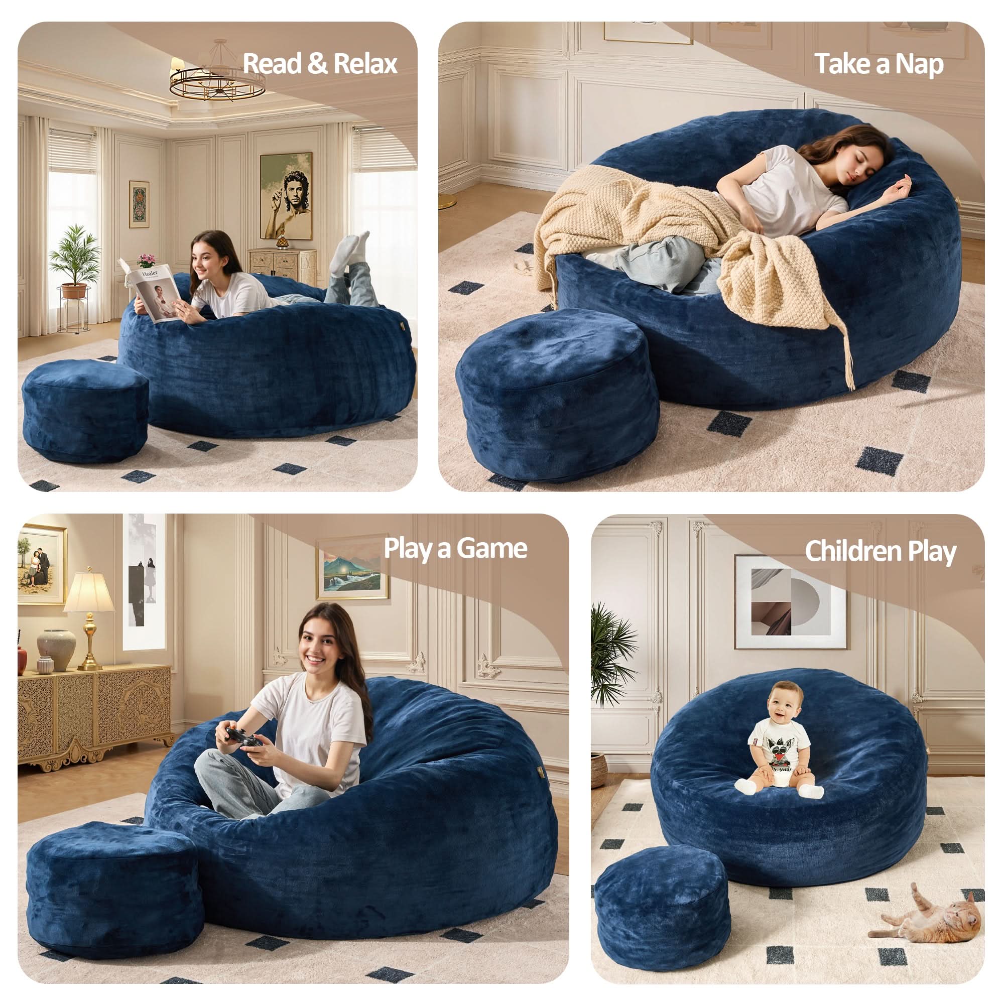Blue Ovios bean bag chair & ottoman: Relaxing, reading, gaming, and playing. High-rebound foam for living room and bedroom.