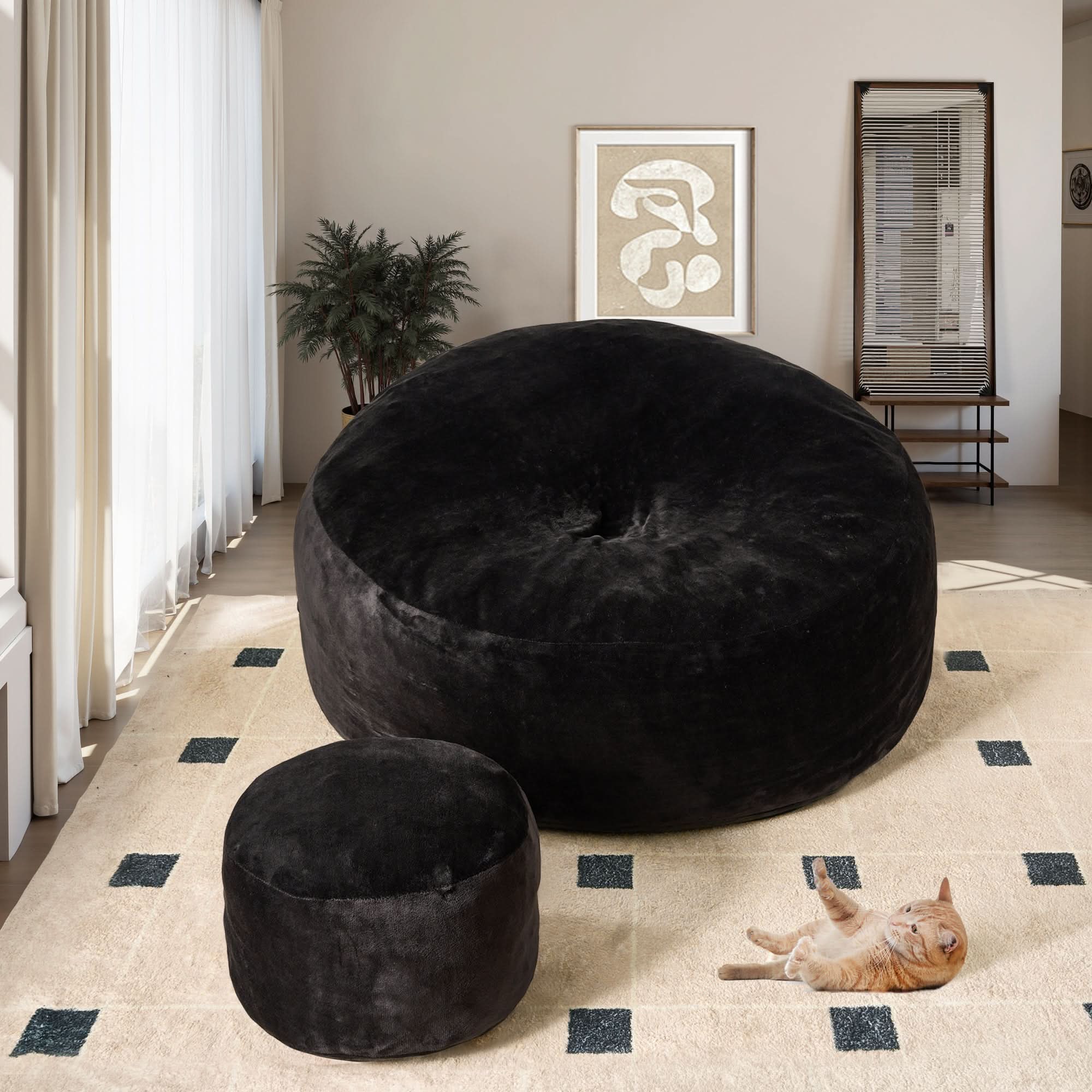 Black Ovios bean bag chair and ottoman set with cat. Cozy, high-rebound memory foam furniture for living room.