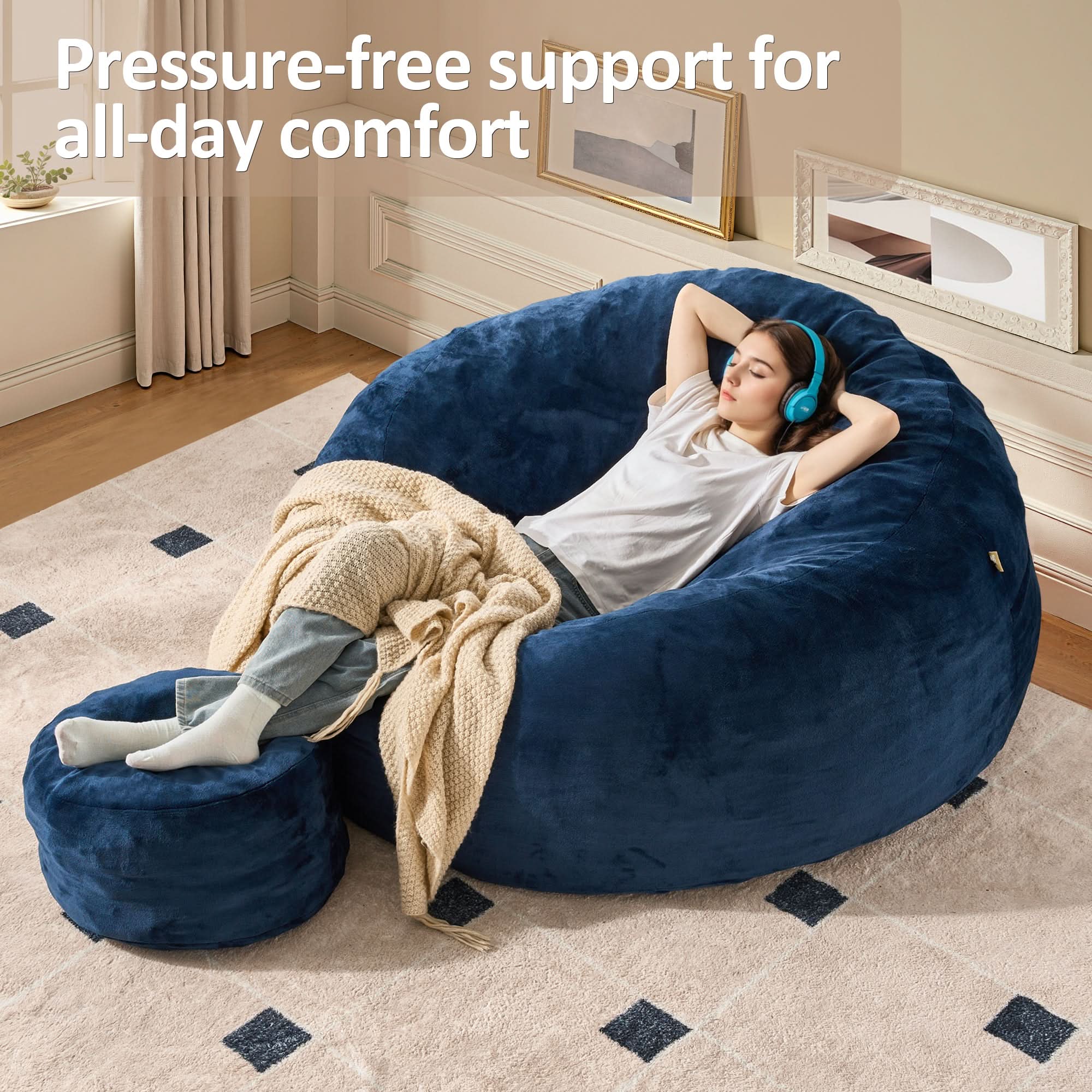 Ovios blue bean bag chair set, woman relaxing in a cozy living room, pressure-free comfort.