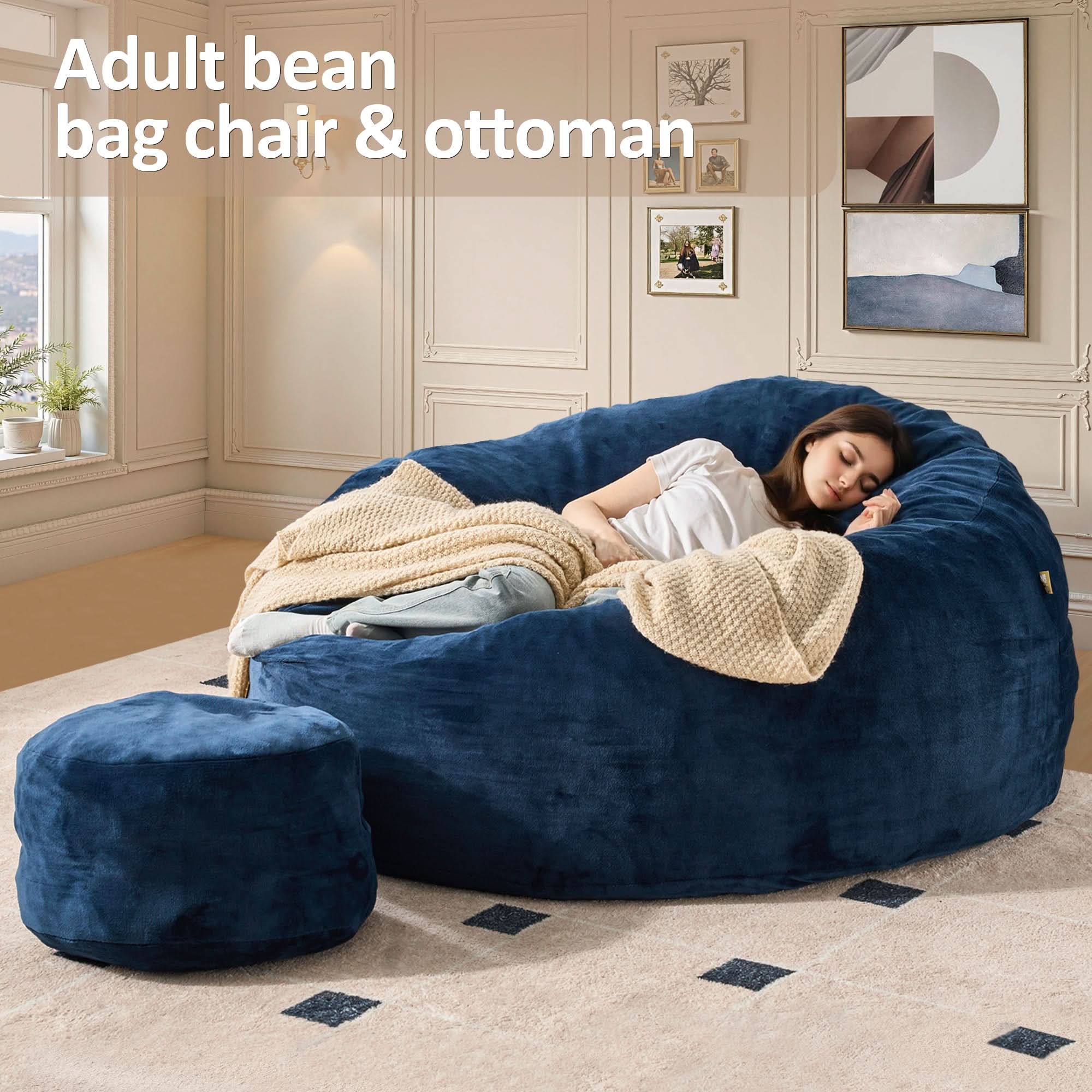 Navy blue adult bean bag chair with ottoman, cozy living room furniture