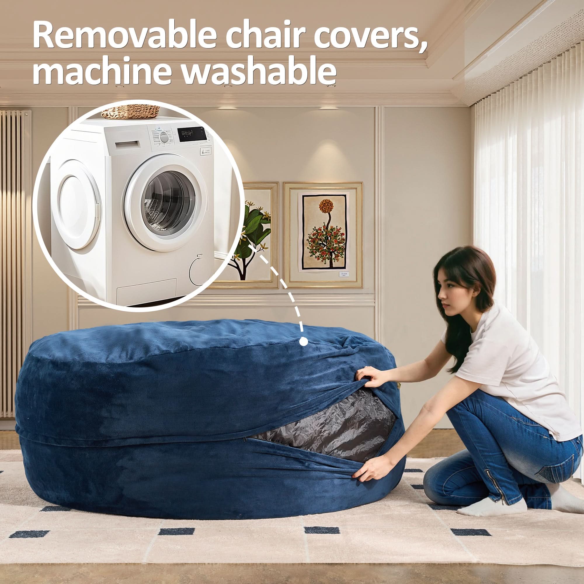 Ovios blue bean bag chair with removable, machine washable cover for easy care in living room