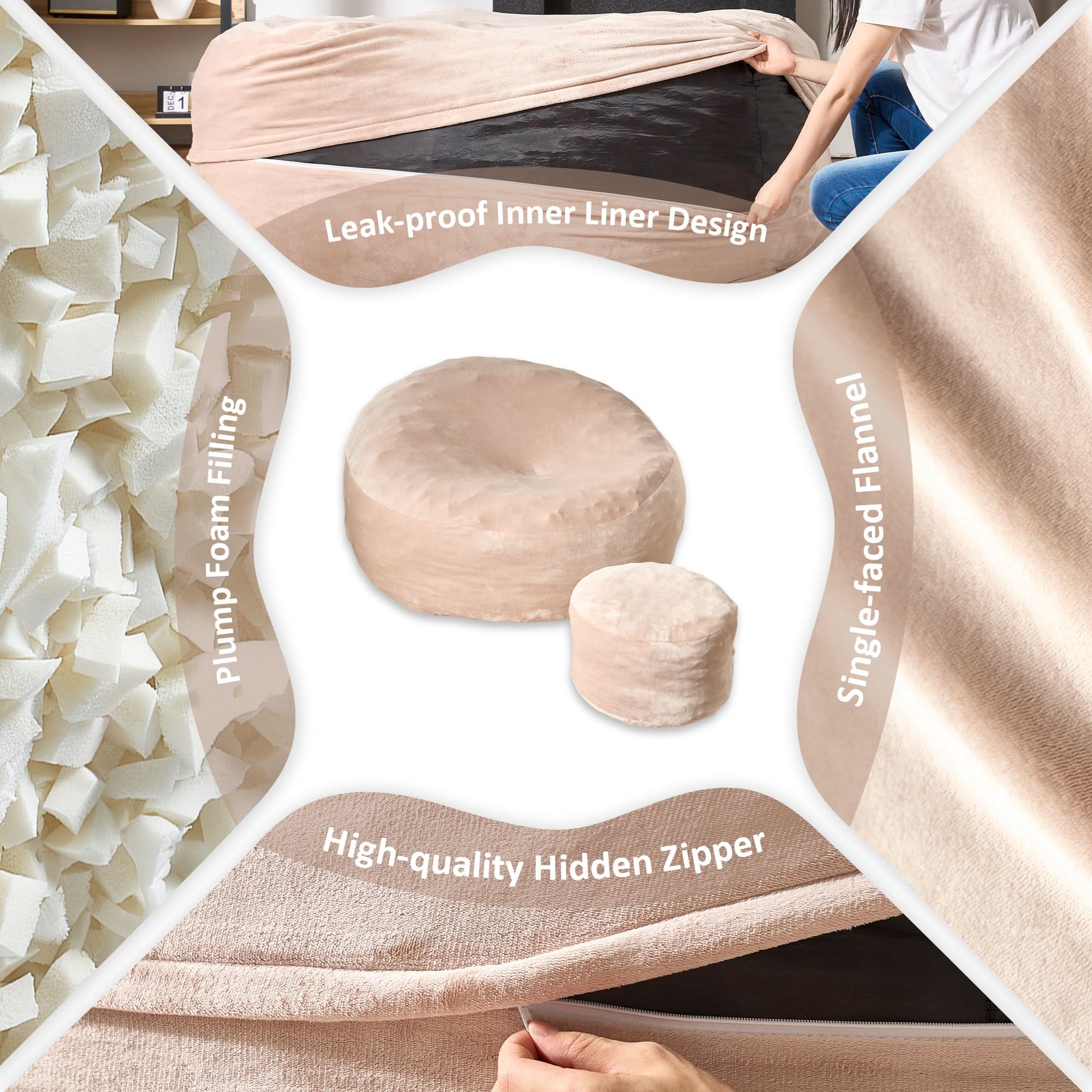 Ovios pink bean bag chair and ottoman, featuring flannel cover, memory foam, and hidden zipper for a cozy living room.