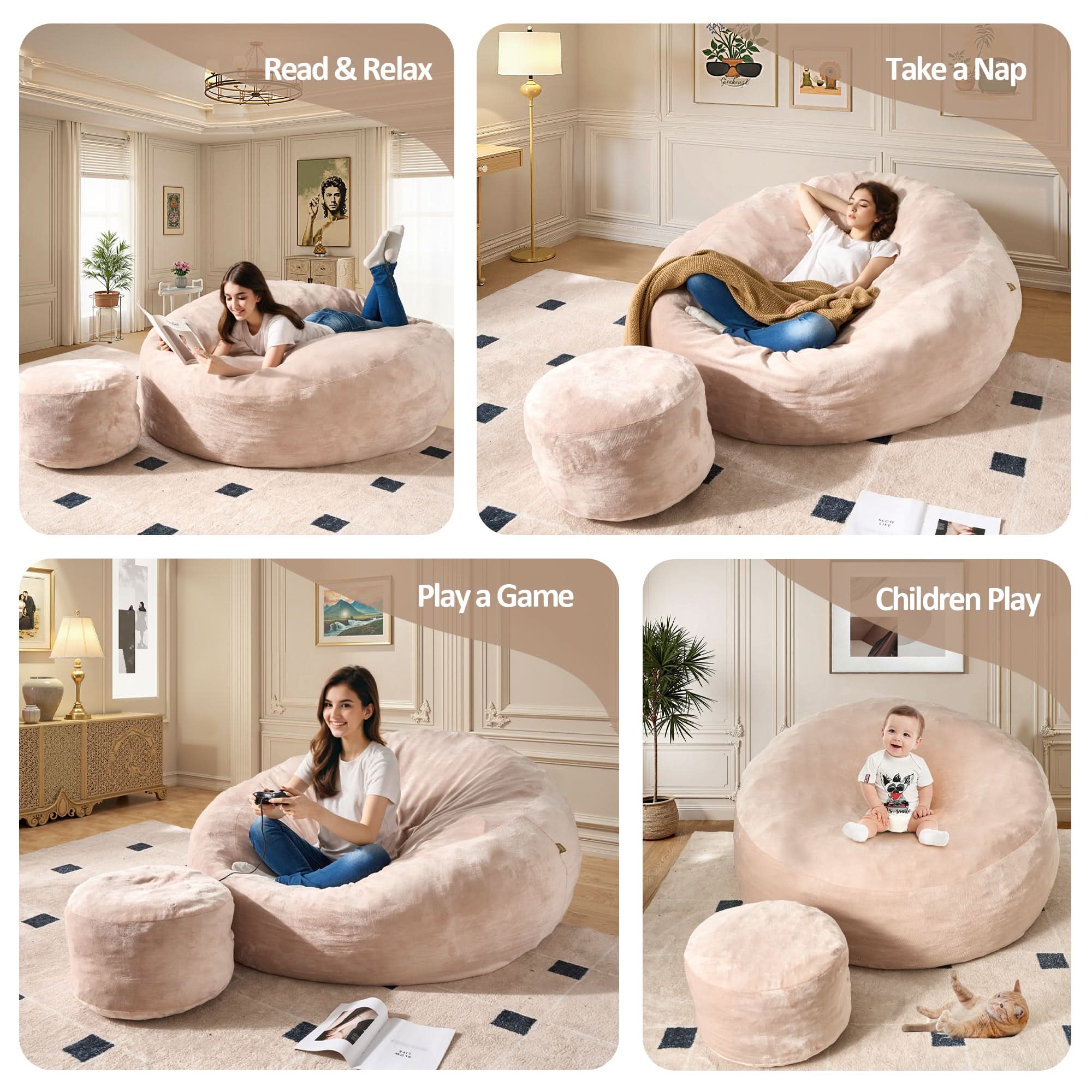 Ovios pink bean bag chair set: Relaxing, reading, playing, napping. Flannel cover, cozy living room furniture.