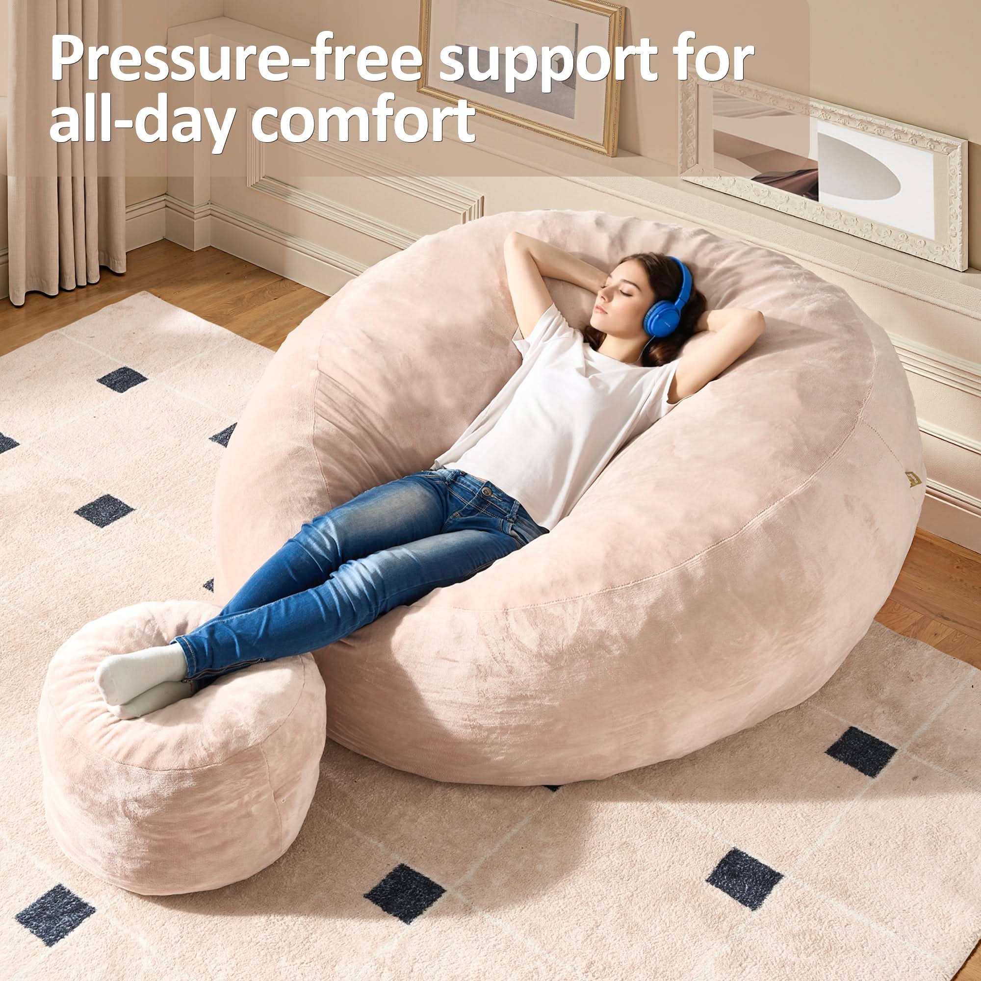 Ovios pink bean bag chair and ottoman. Woman relaxing, flannel cover for pressure-free comfort in living room.