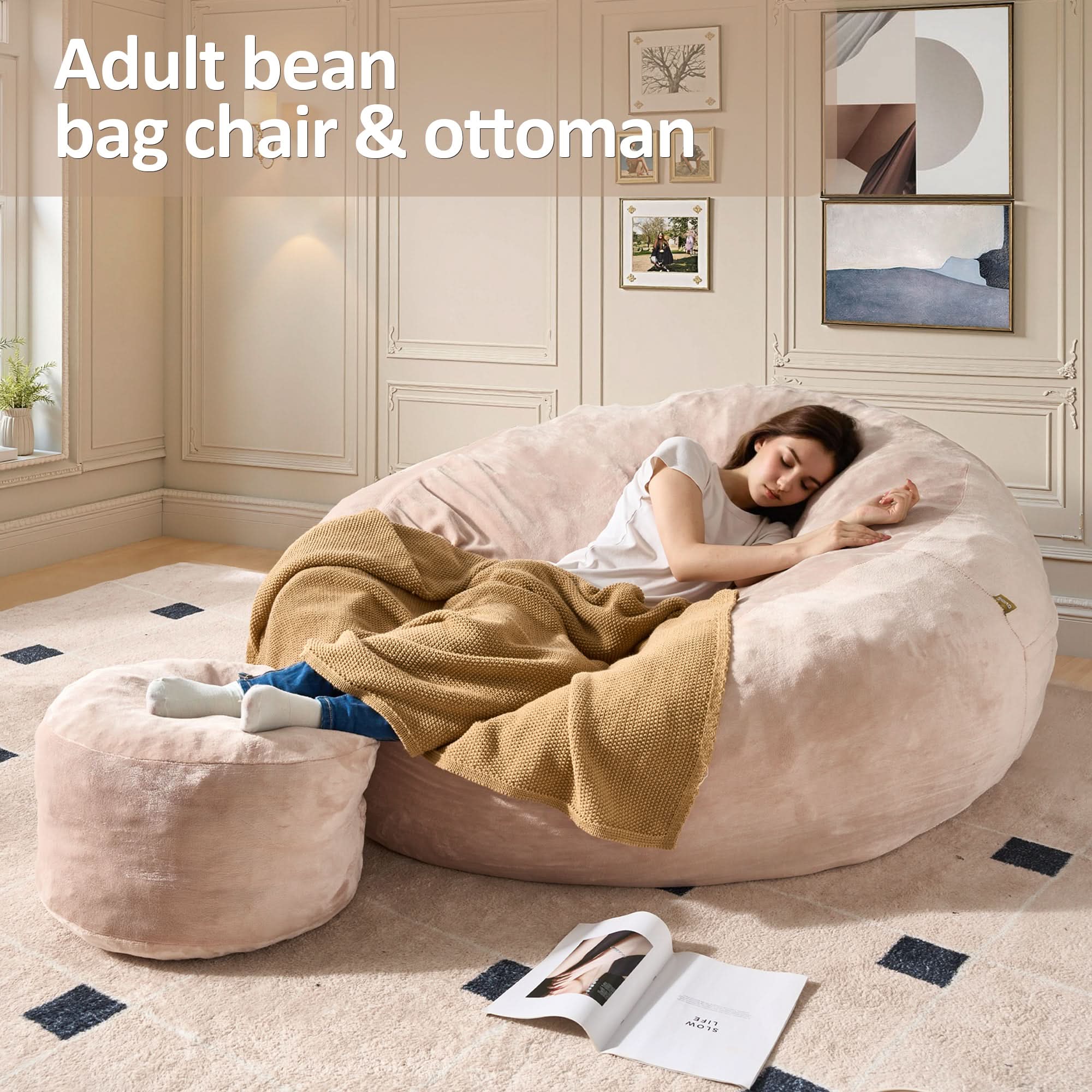 Ovios pink adult bean bag chair and ottoman set, cozy flannel cover, woman relaxing in living room