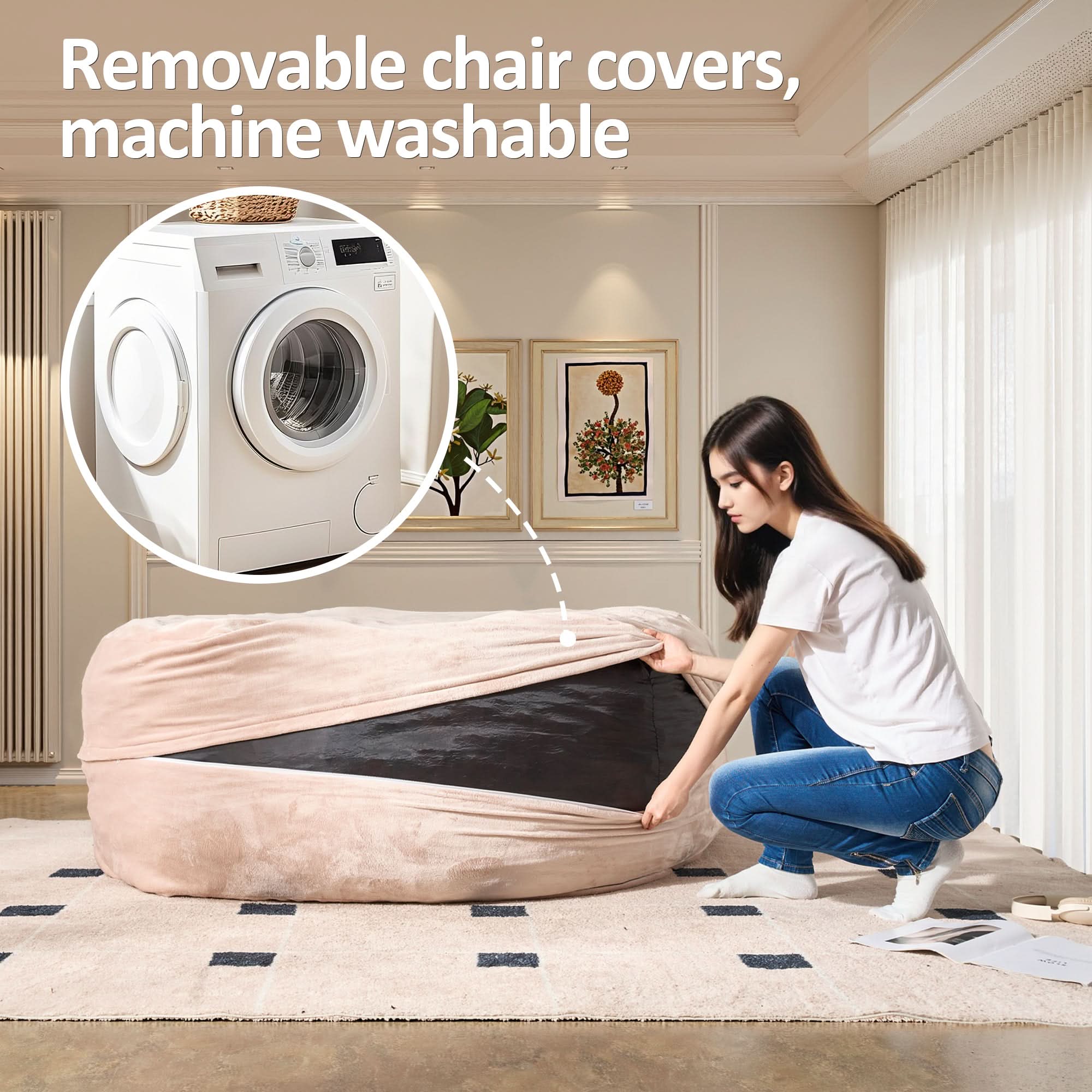 Ovios bean bag chair with removable, machine washable cover; woman installing cover.