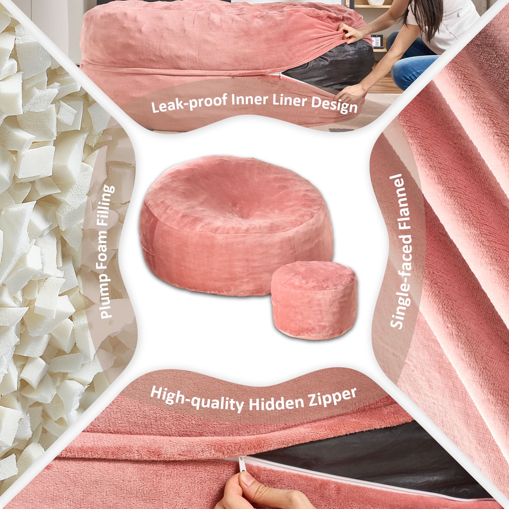 Pink Ovios bean bag chair & ottoman set: flannel cover, foam filling, and a hidden zipper for a cozy living room