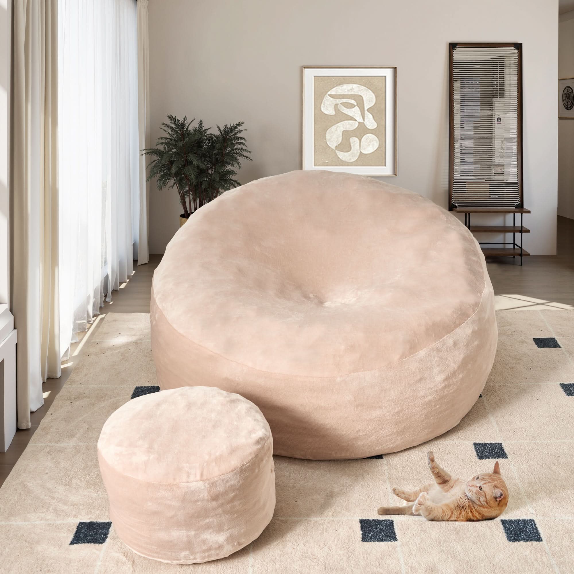 Ovios bean bag chair set in pink flannel fabric, cozy living room furniture with a playful cat.