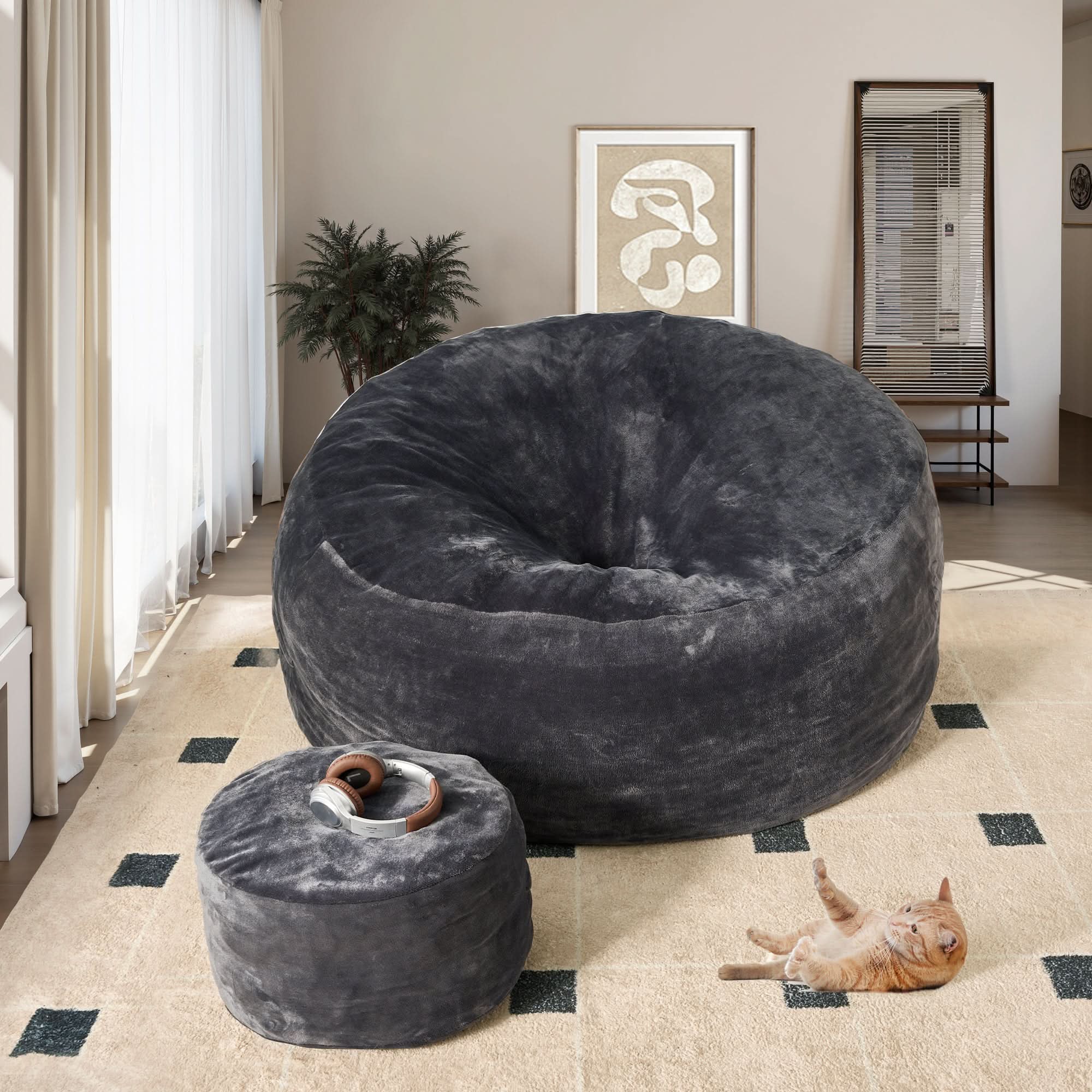 Ovios gray bean bag chair with ottoman, perfect cozy furniture for living room and bedroom, with a cat on carpet