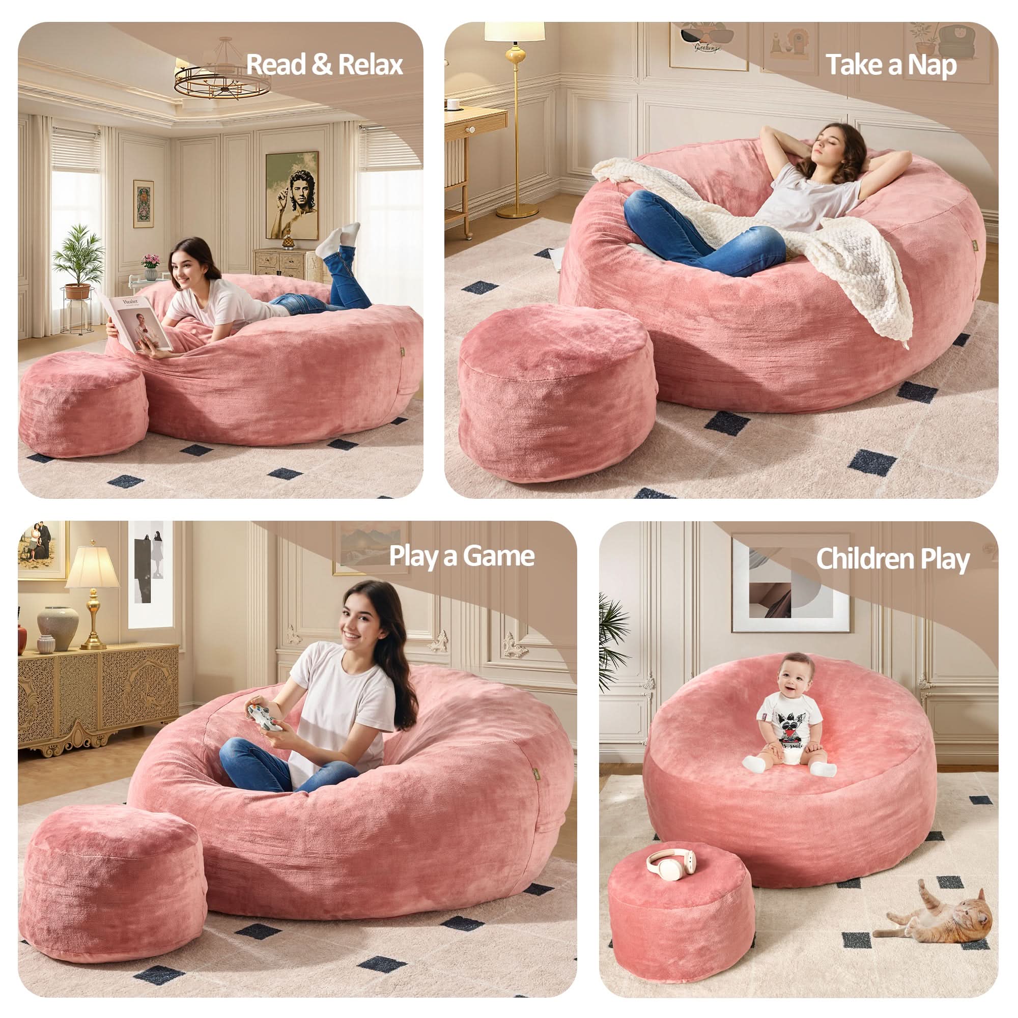 Ovios pink bean bag chair set, perfect for relaxing, reading, and playing. Cozy flannel cover for adults and kids.