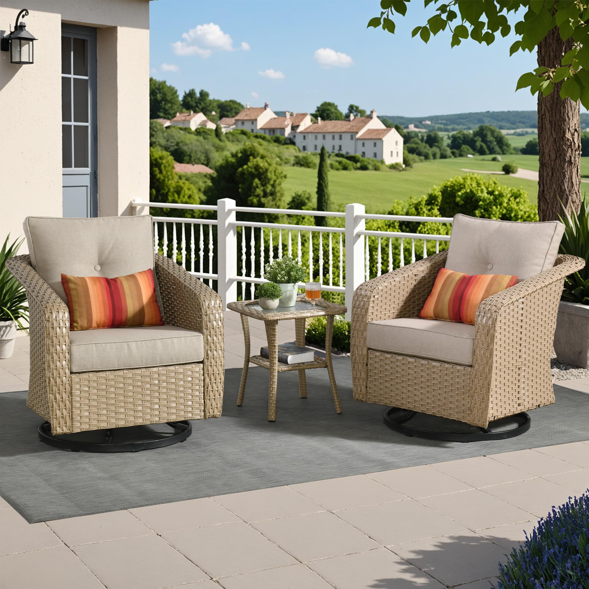 OVIOS 3 Pieces Patio Glider Chair Set, Outdoor Rocking Chairs of 2