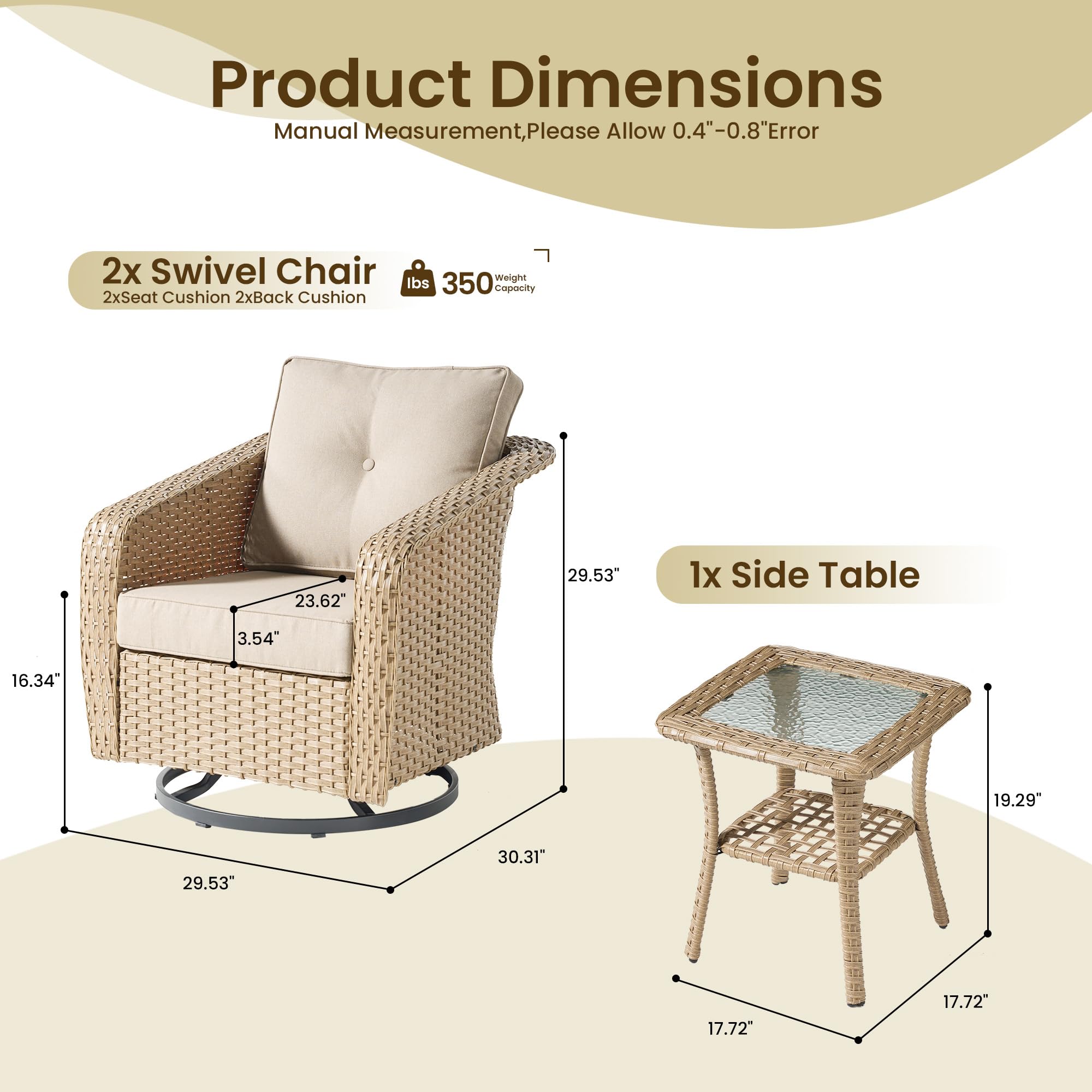 OVIOS 3 Pieces Patio Glider Chair Set, Outdoor Rocking Chairs of 2