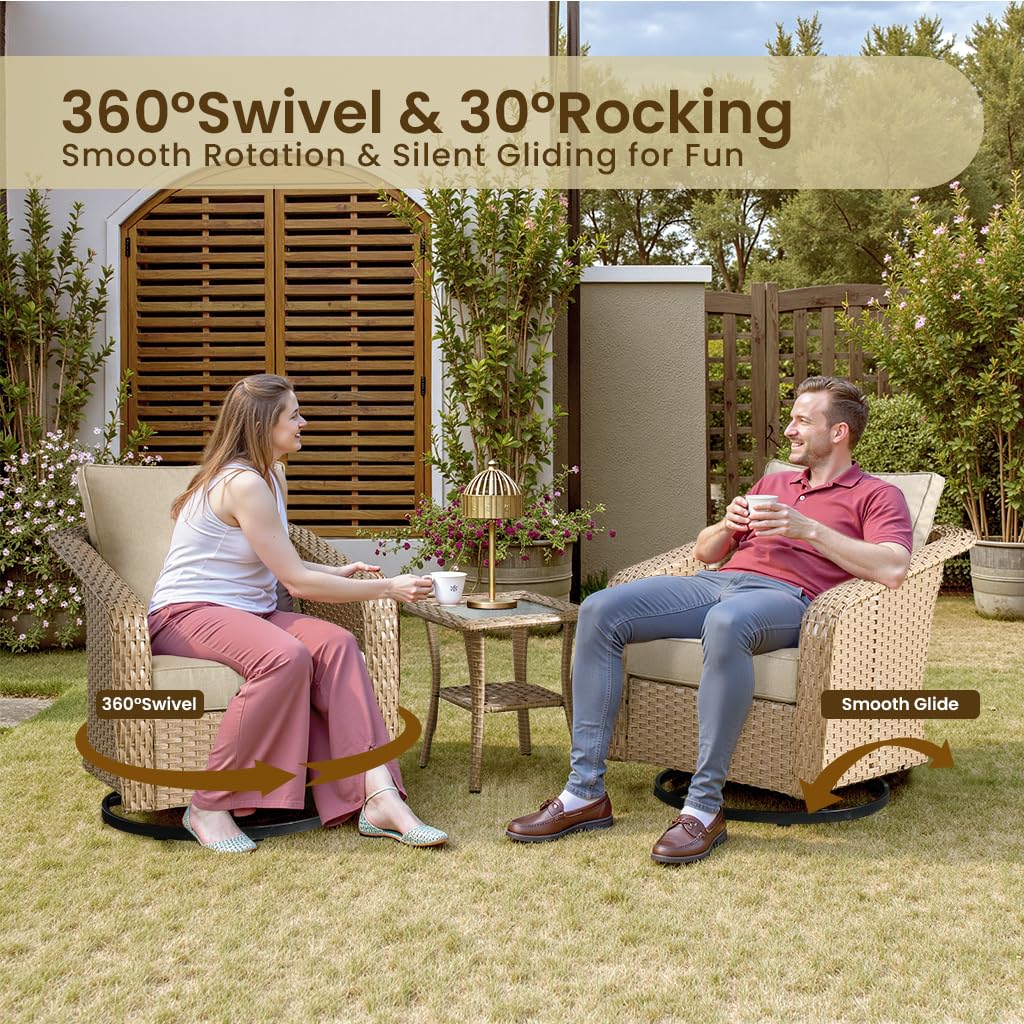 OVIOS 3 Pieces Patio Glider Chair Set, Outdoor Rocking Chairs of 2